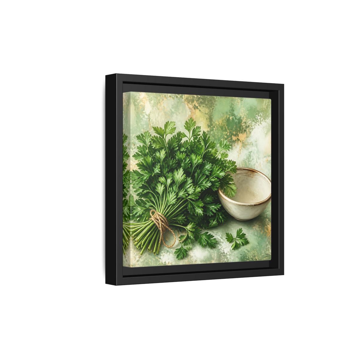Side Mockup 21. Polished Gallery Realism Parsley Bunch Beside Ceramic Bowl shown as stretched canvas wall art