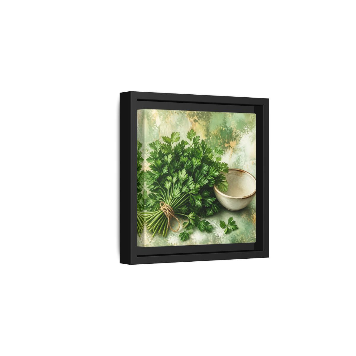 Side Mockup 3. Polished Gallery Realism Parsley Bunch Beside Ceramic Bowl shown as stretched canvas wall art
