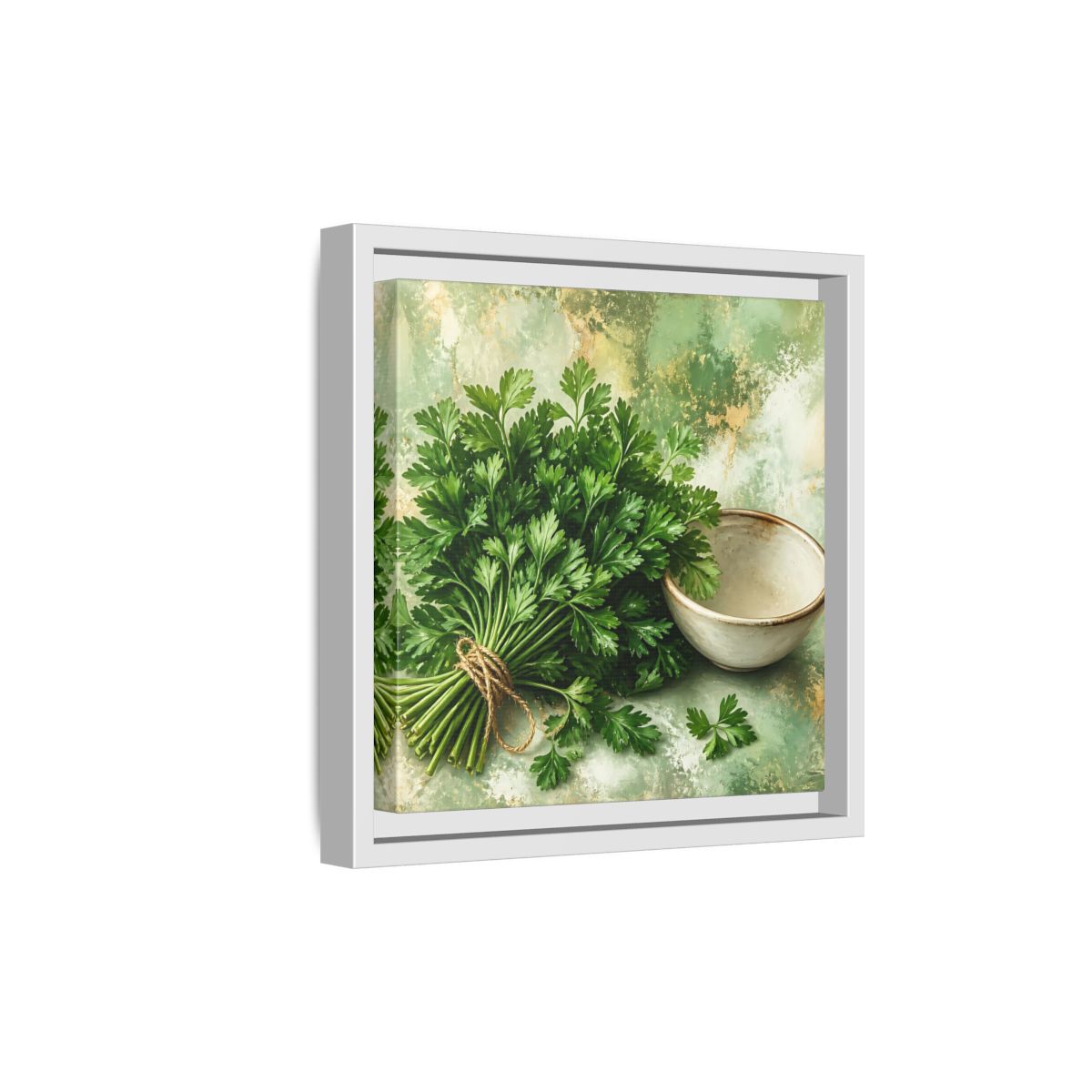 Side Mockup 19. Polished Gallery Realism Parsley Bunch Beside Ceramic Bowl shown as stretched canvas wall art