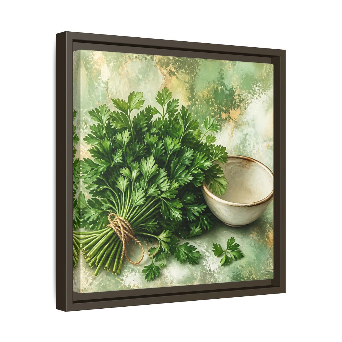 Side Mockup 29. Polished Gallery Realism Parsley Bunch Beside Ceramic Bowl shown as stretched canvas wall art