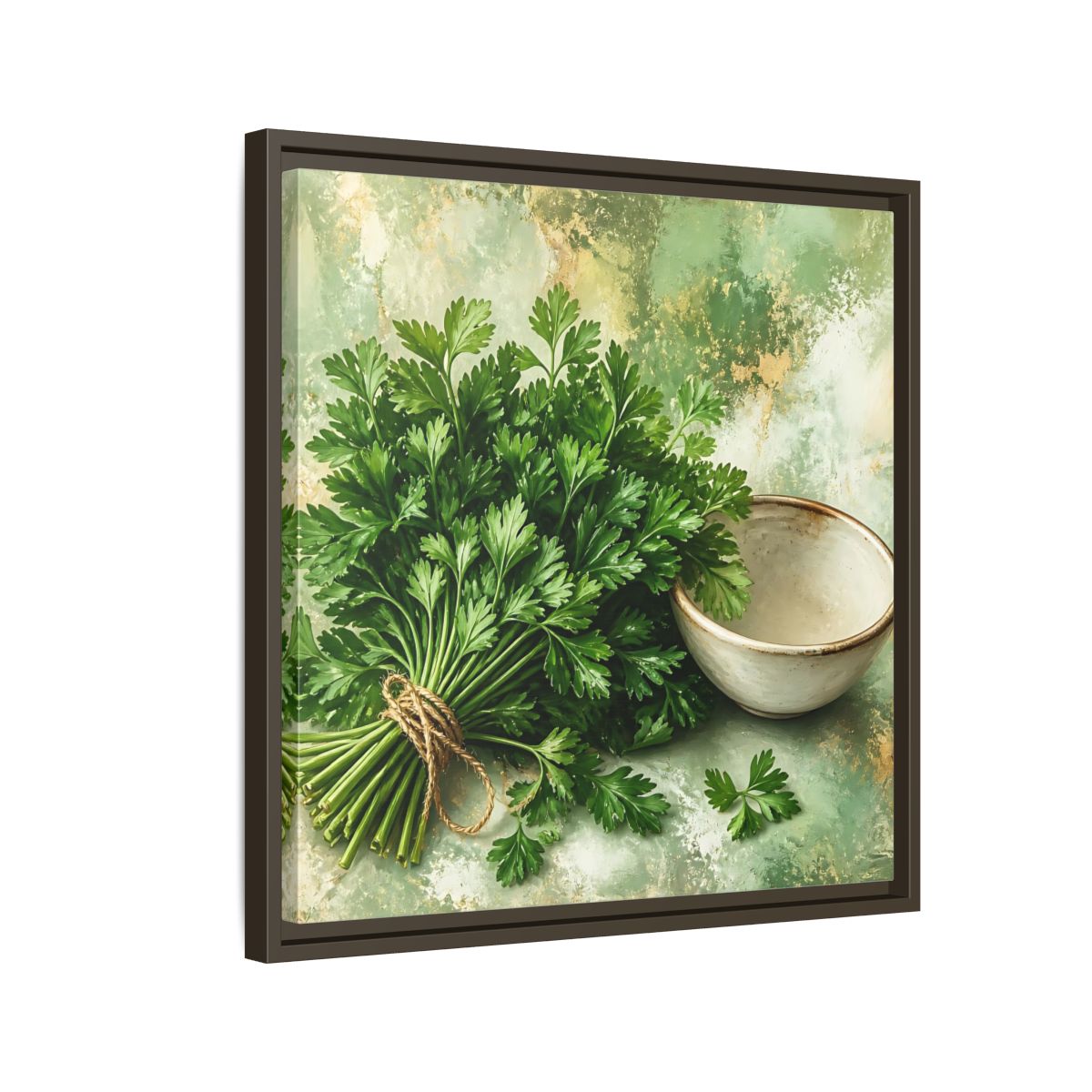 Side Mockup 11. Polished Gallery Realism Parsley Bunch Beside Ceramic Bowl shown as stretched canvas wall art