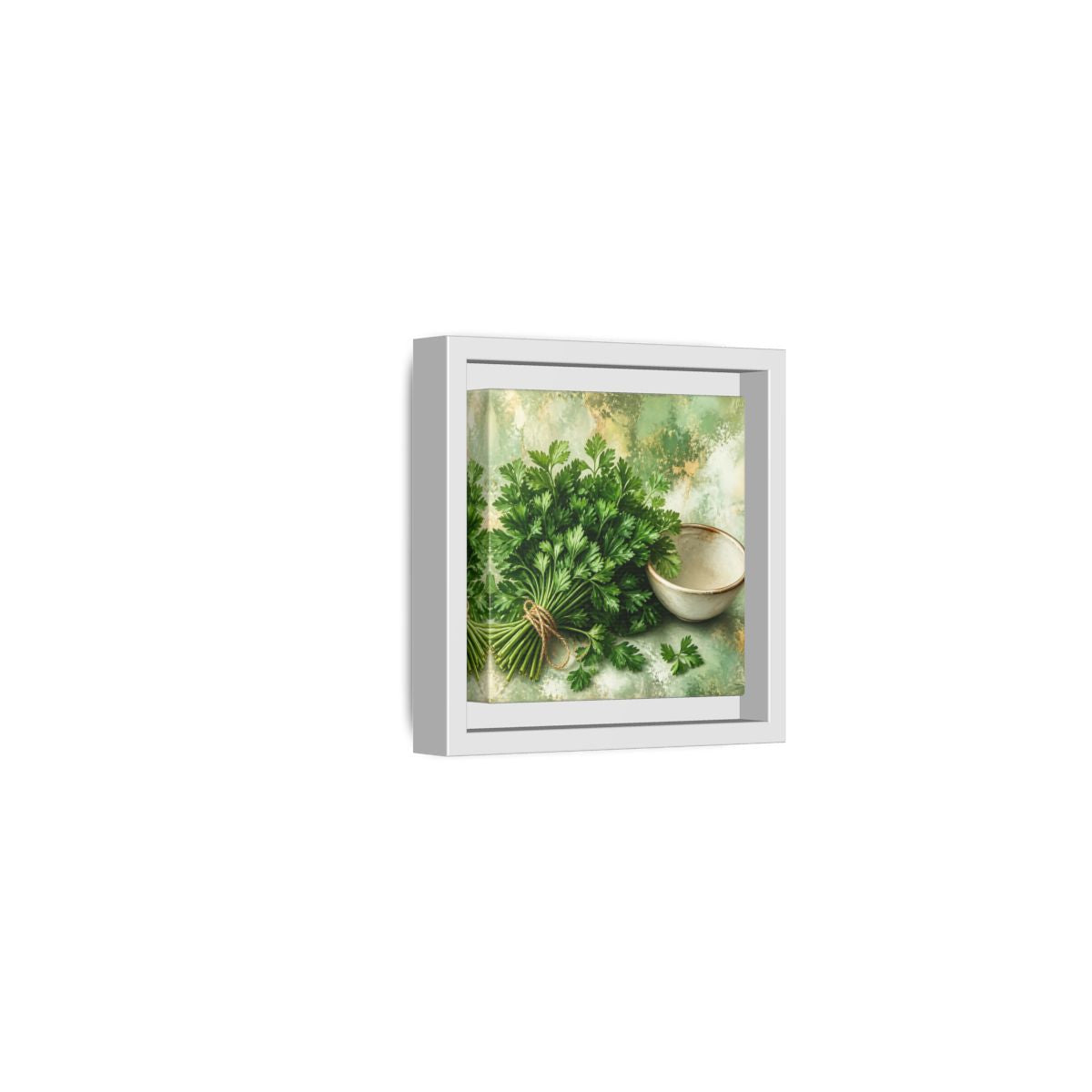 Side Mockup 22. Polished Gallery Realism Parsley Bunch Beside Ceramic Bowl shown as stretched canvas wall art