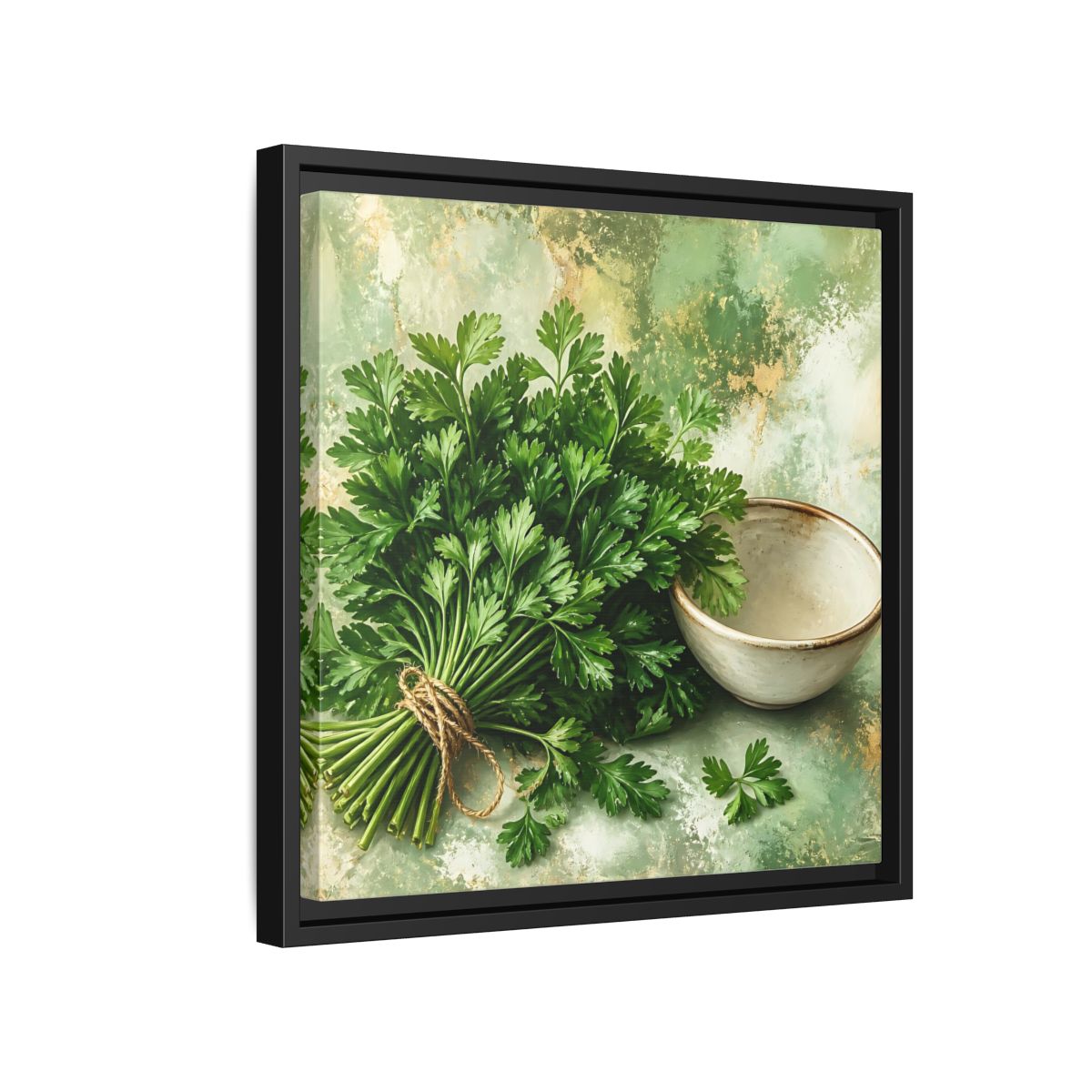 Side Mockup 15. Polished Gallery Realism Parsley Bunch Beside Ceramic Bowl shown as stretched canvas wall art