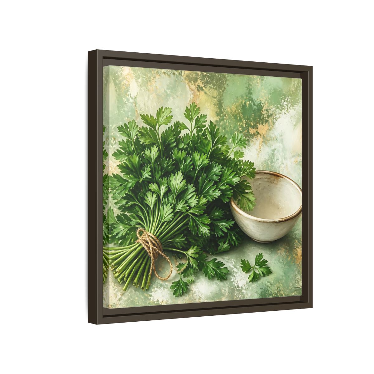 Side Mockup 14. Polished Gallery Realism Parsley Bunch Beside Ceramic Bowl shown as stretched canvas wall art