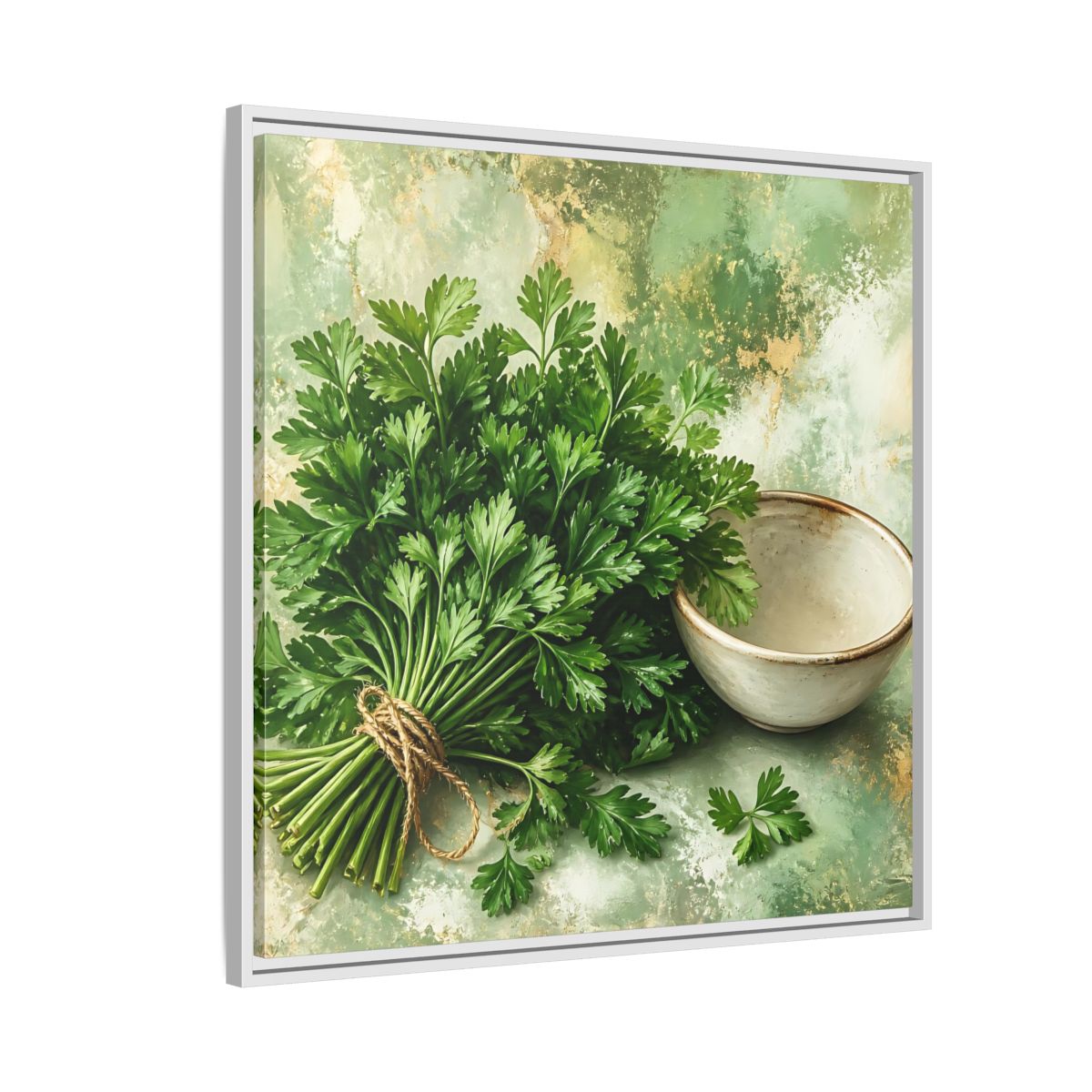 Side Mockup 7. Polished Gallery Realism Parsley Bunch Beside Ceramic Bowl shown as stretched canvas wall art