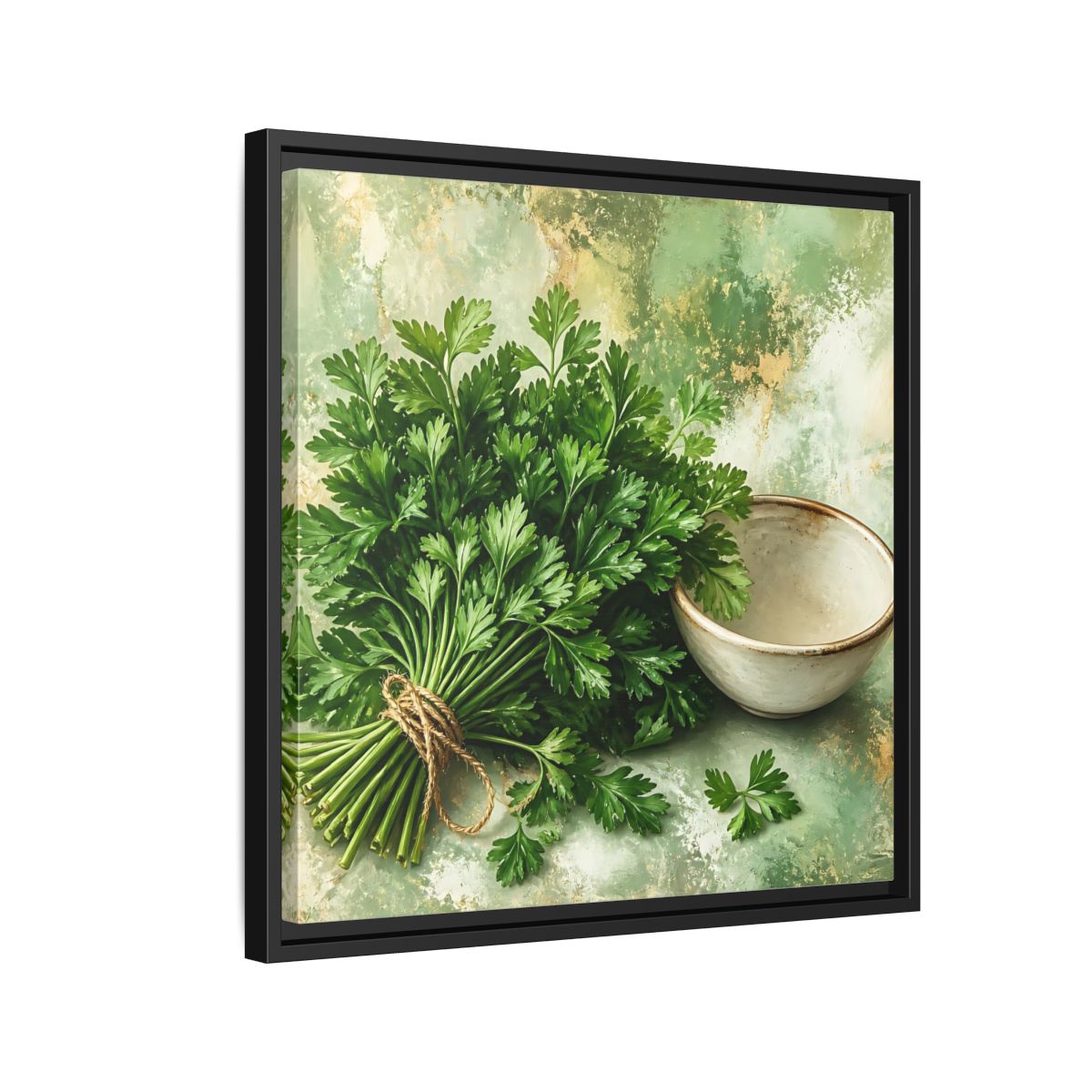 Side Mockup 12. Polished Gallery Realism Parsley Bunch Beside Ceramic Bowl shown as stretched canvas wall art
