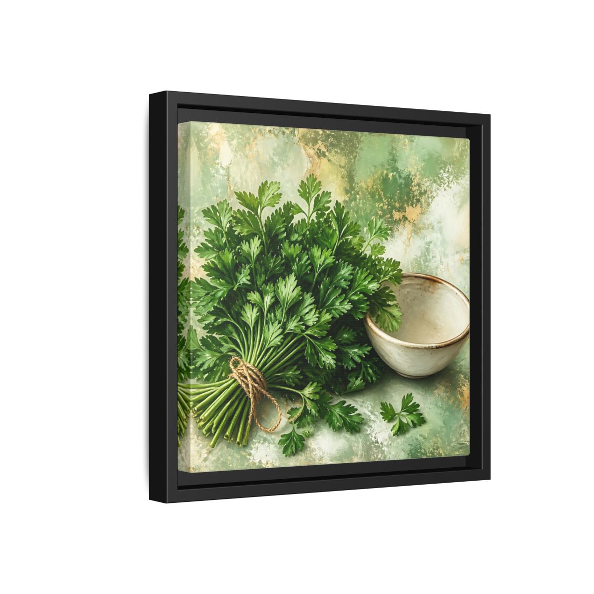 Side Mockup 18. Polished Gallery Realism Parsley Bunch Beside Ceramic Bowl shown as stretched canvas wall art