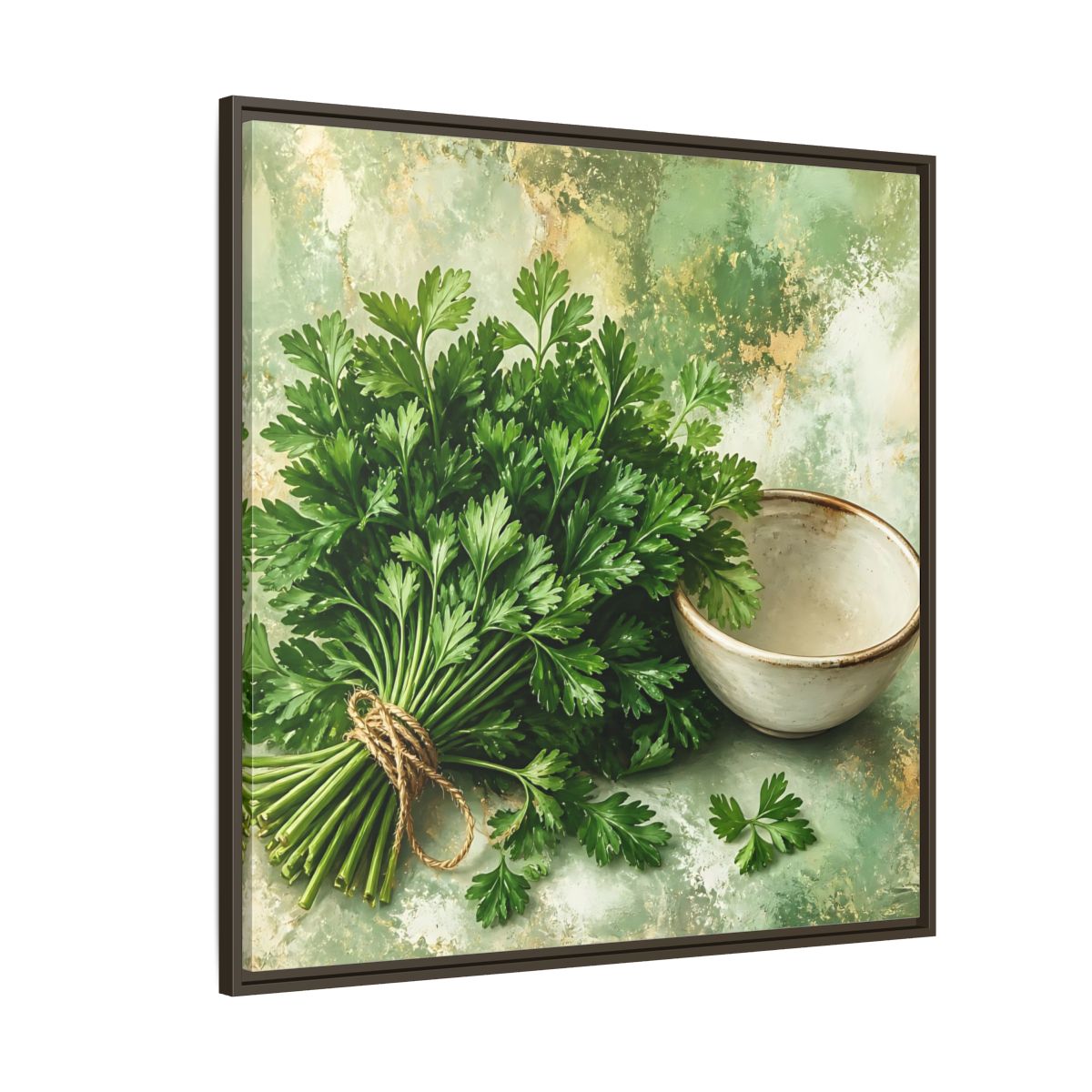 Side Mockup 5. Polished Gallery Realism Parsley Bunch Beside Ceramic Bowl shown as stretched canvas wall art