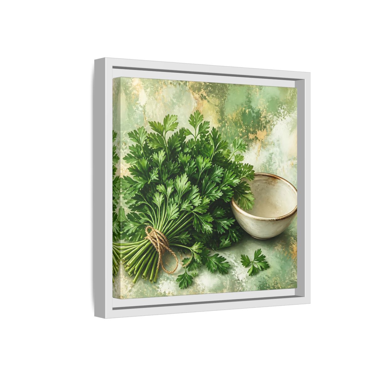 Side Mockup 16. Polished Gallery Realism Parsley Bunch Beside Ceramic Bowl shown as stretched canvas wall art