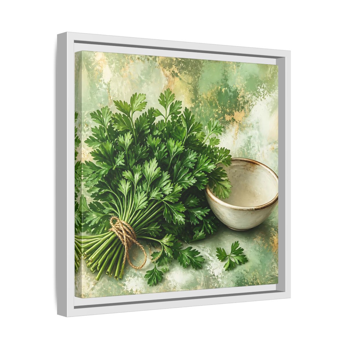 Side Mockup 28. Polished Gallery Realism Parsley Bunch Beside Ceramic Bowl shown as stretched canvas wall art