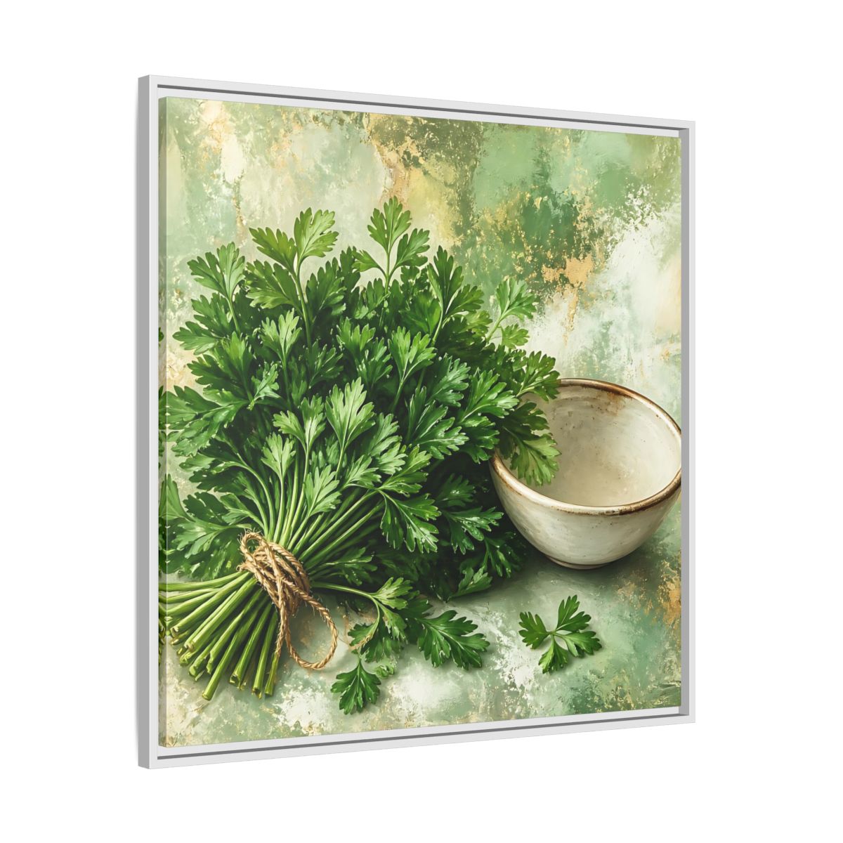 Side Mockup 25. Polished Gallery Realism Parsley Bunch Beside Ceramic Bowl shown as stretched canvas wall art