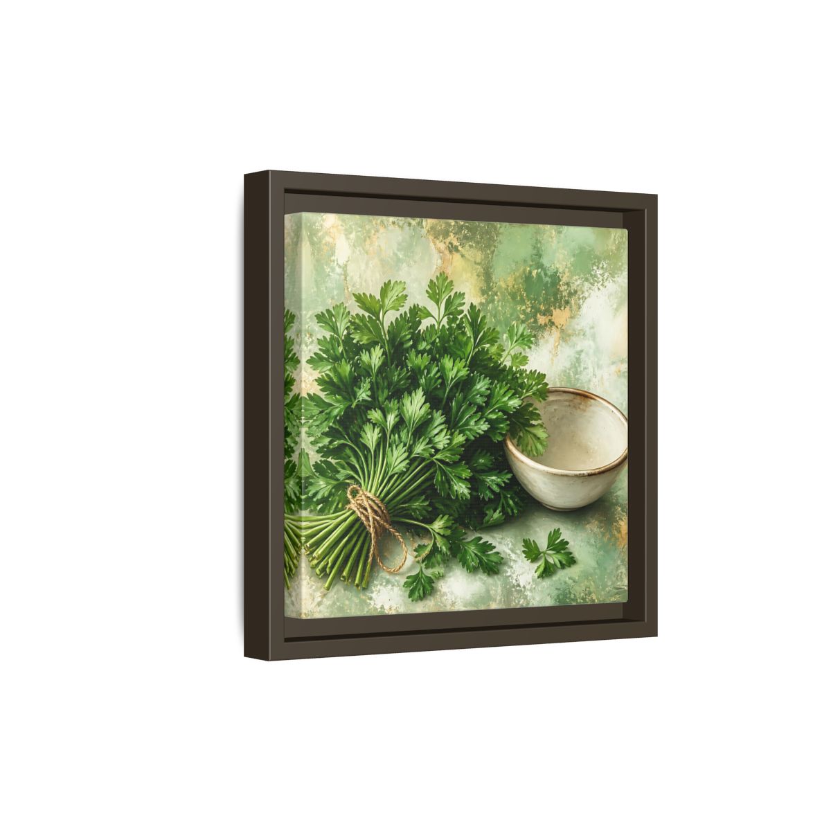 Side Mockup 20. Polished Gallery Realism Parsley Bunch Beside Ceramic Bowl shown as stretched canvas wall art