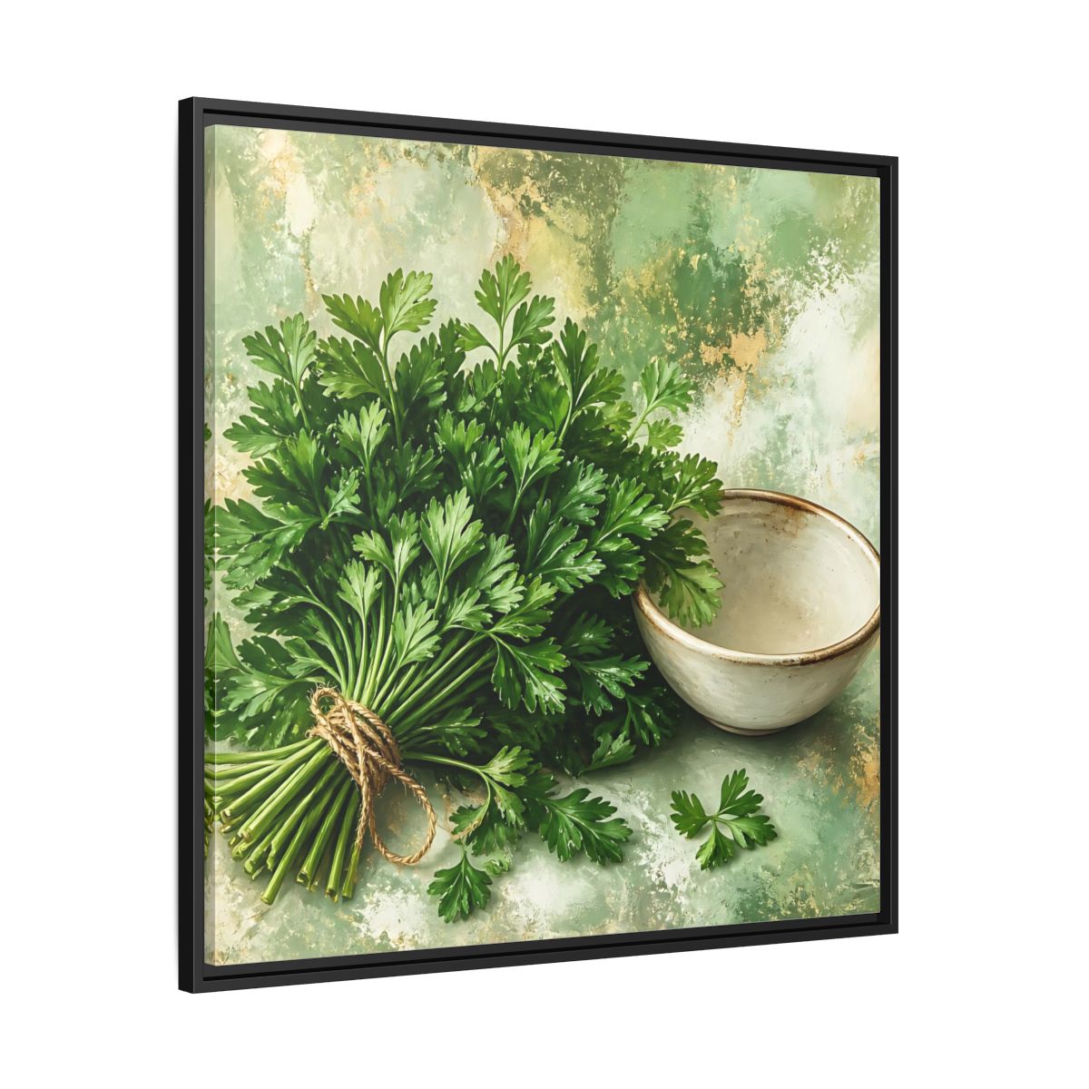 Side Mockup 30. Polished Gallery Realism Parsley Bunch Beside Ceramic Bowl shown as stretched canvas wall art