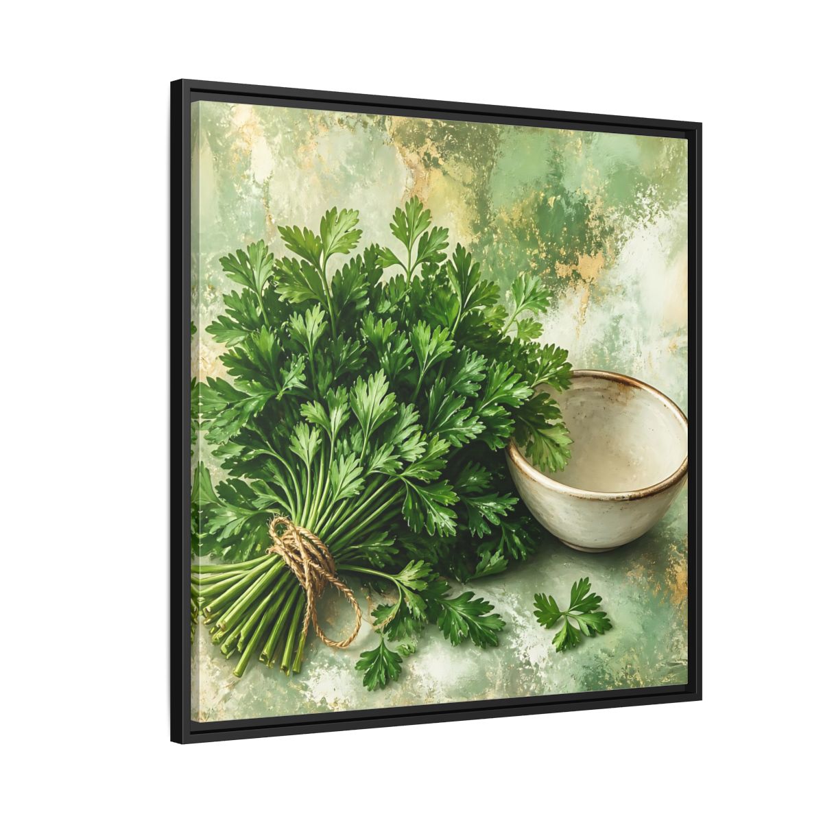Side Mockup 9. Polished Gallery Realism Parsley Bunch Beside Ceramic Bowl shown as stretched canvas wall art