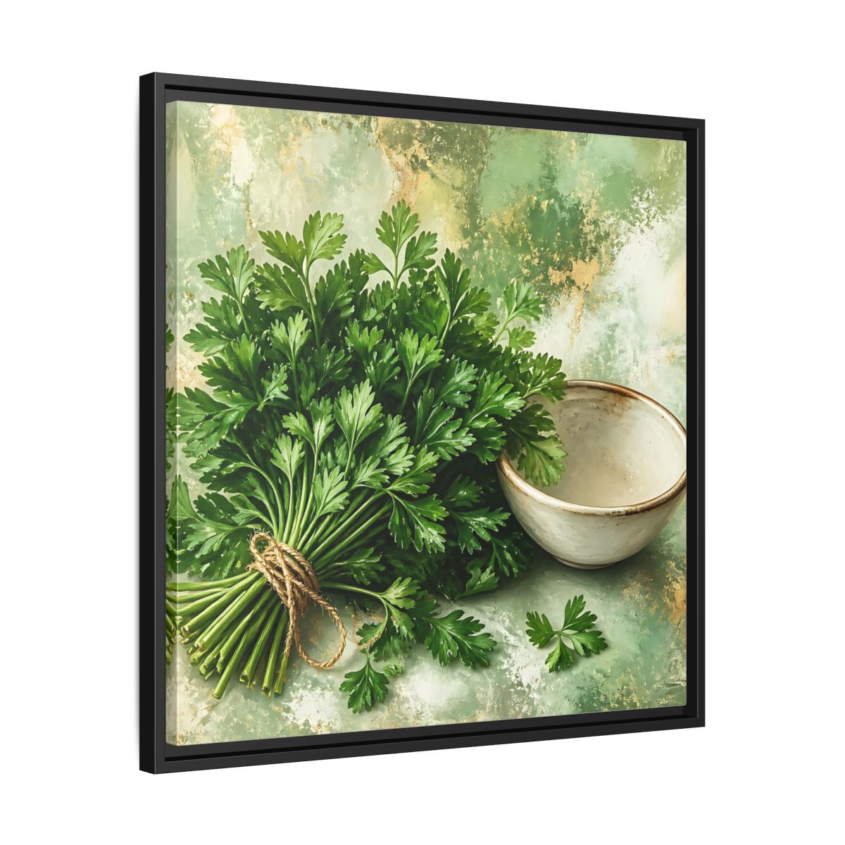 Side Mockup 31. Polished Gallery Realism Parsley Bunch Beside Ceramic Bowl shown as stretched canvas wall art