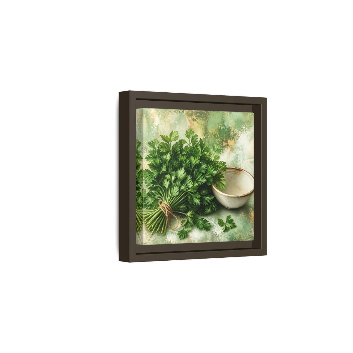 Side Mockup 2. Polished Gallery Realism Parsley Bunch Beside Ceramic Bowl shown as stretched canvas wall art