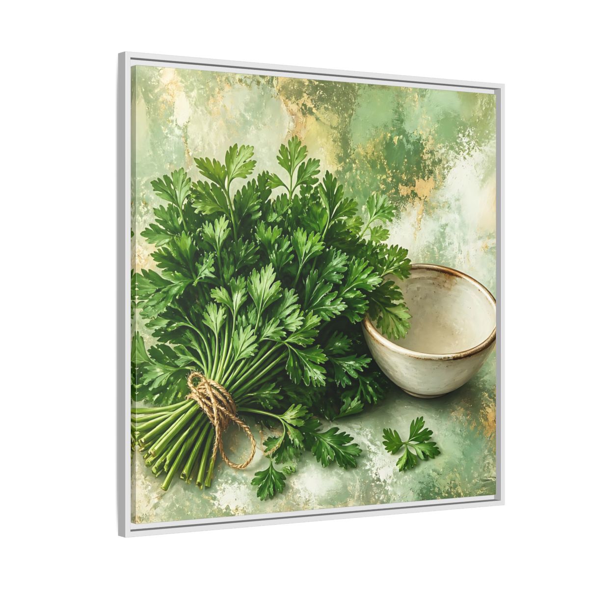 Side Mockup 4. Polished Gallery Realism Parsley Bunch Beside Ceramic Bowl shown as stretched canvas wall art