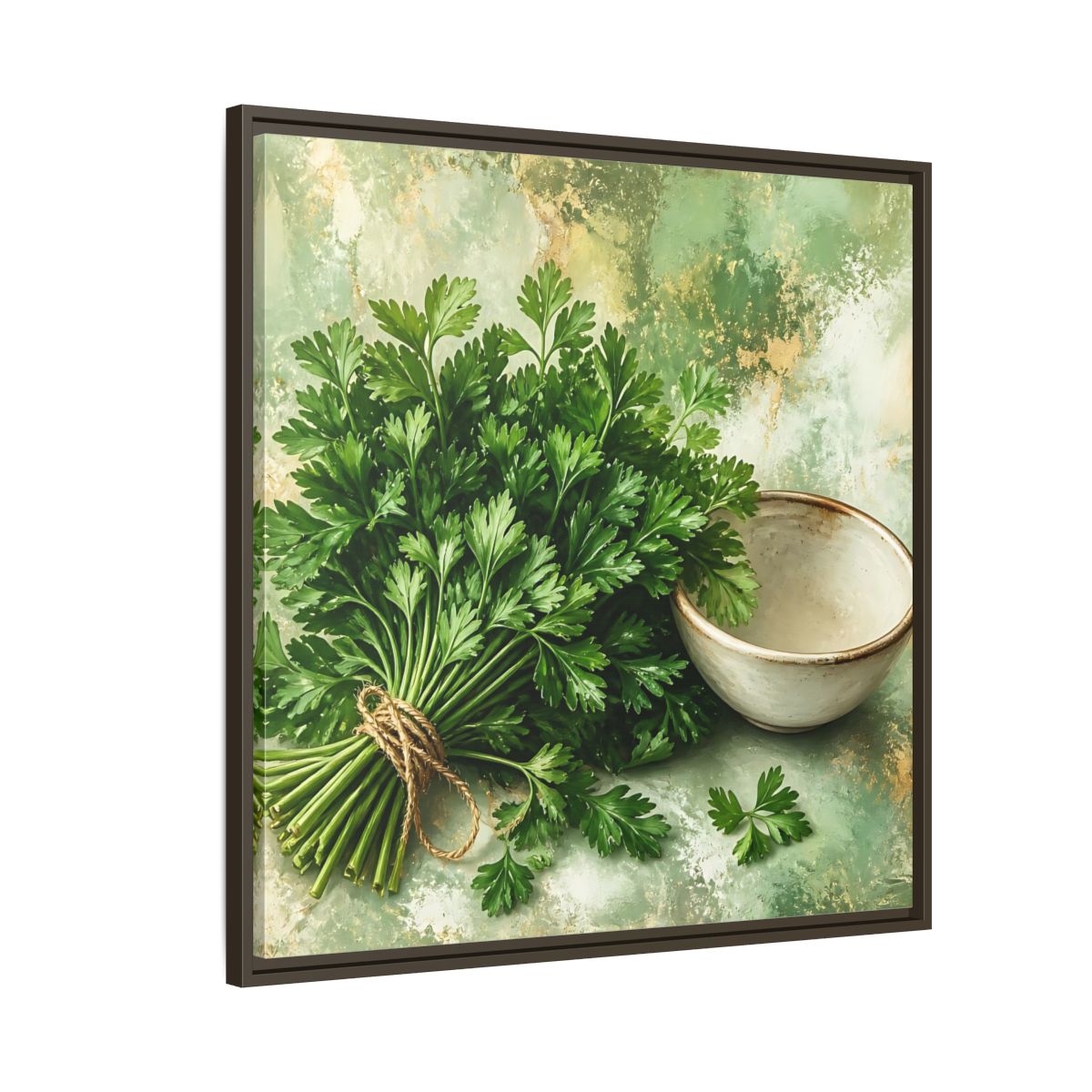 Side Mockup 8. Polished Gallery Realism Parsley Bunch Beside Ceramic Bowl shown as stretched canvas wall art