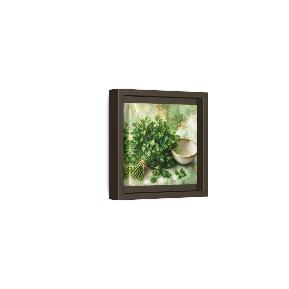Side Mockup 23. Polished Gallery Realism Parsley Bunch Beside Ceramic Bowl shown as stretched canvas wall art