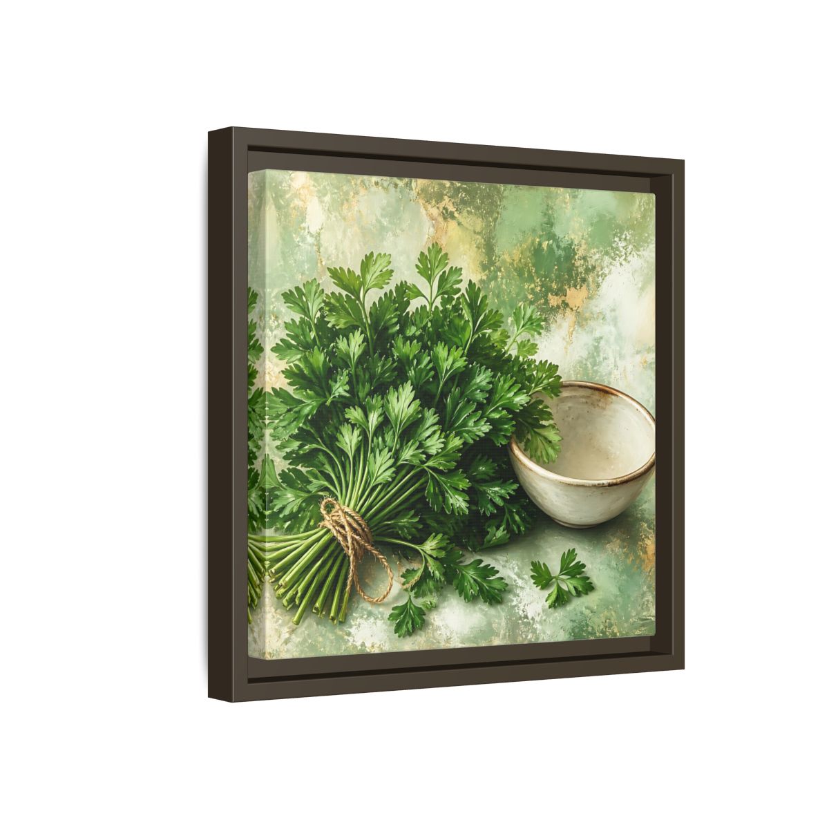 Side Mockup 17. Polished Gallery Realism Parsley Bunch Beside Ceramic Bowl shown as stretched canvas wall art