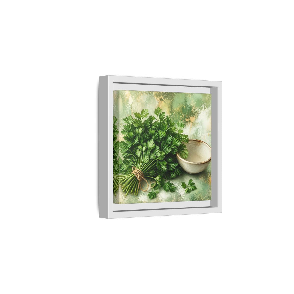 Side Mockup 1. Polished Gallery Realism Parsley Bunch Beside Ceramic Bowl shown as stretched canvas wall art