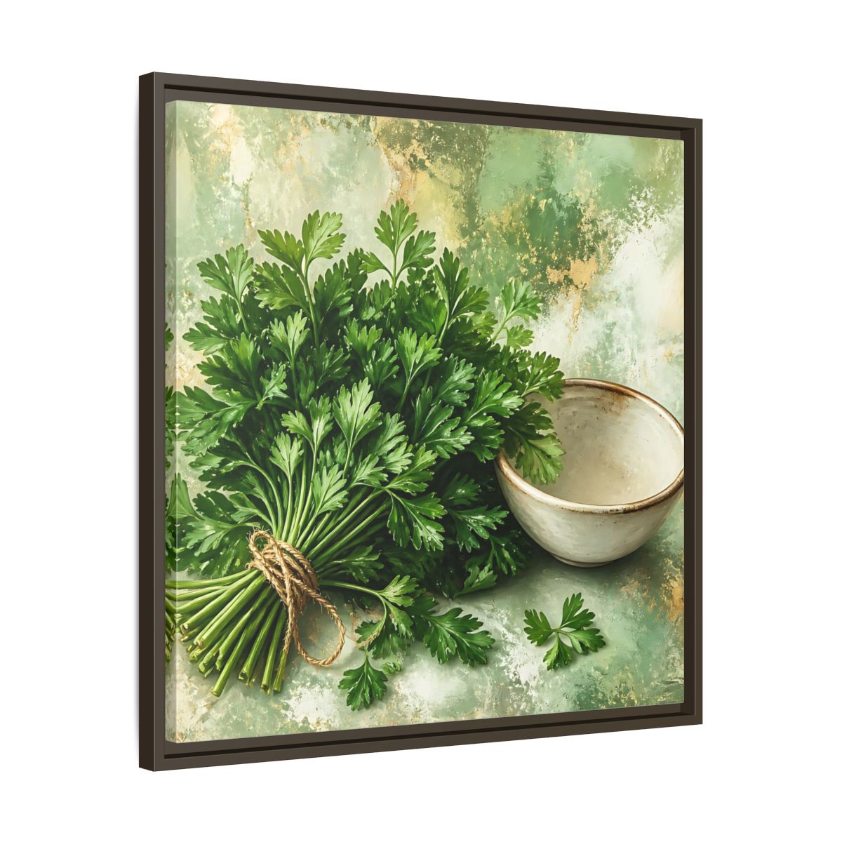 Side Mockup 27. Polished Gallery Realism Parsley Bunch Beside Ceramic Bowl shown as stretched canvas wall art
