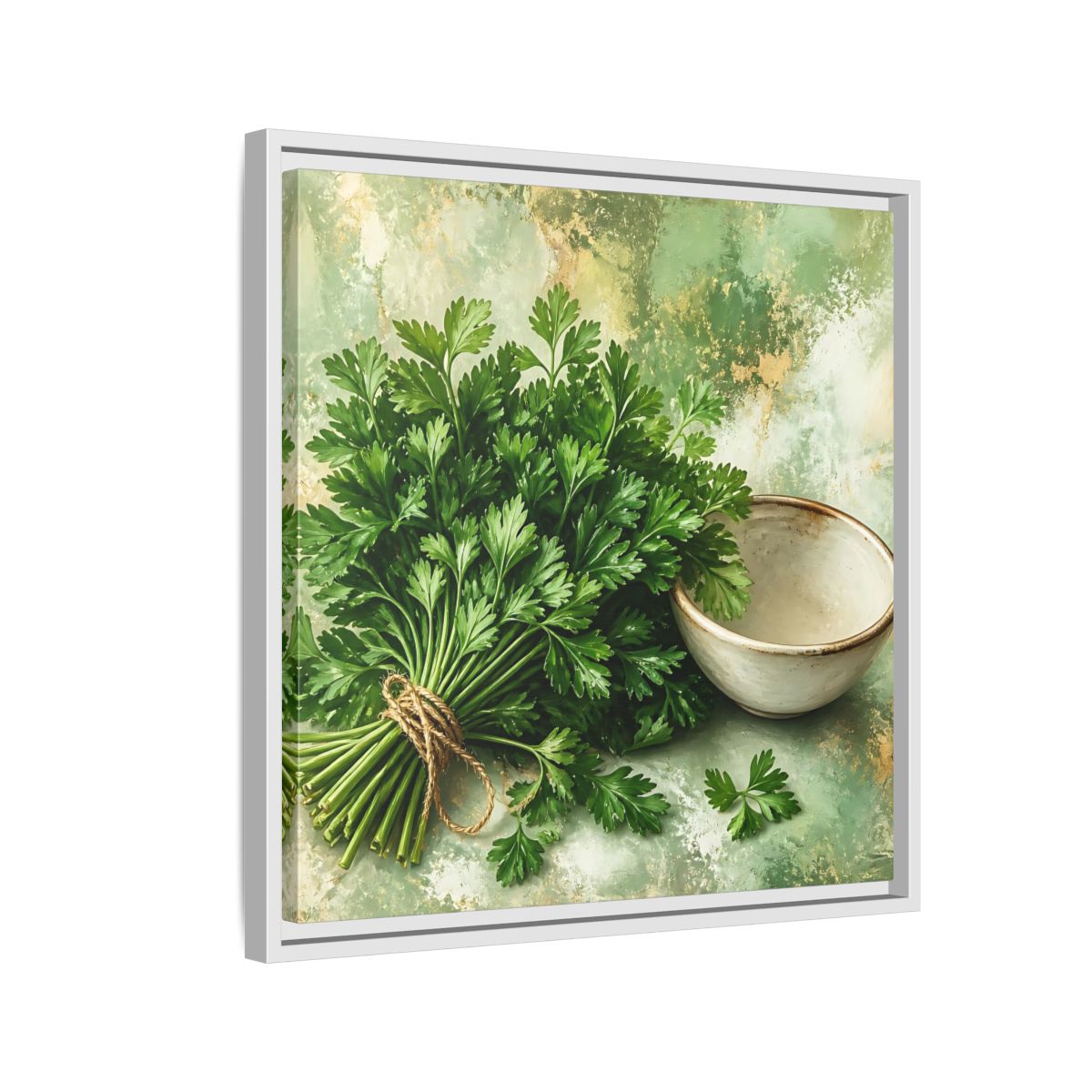Side Mockup 10. Polished Gallery Realism Parsley Bunch Beside Ceramic Bowl shown as stretched canvas wall art