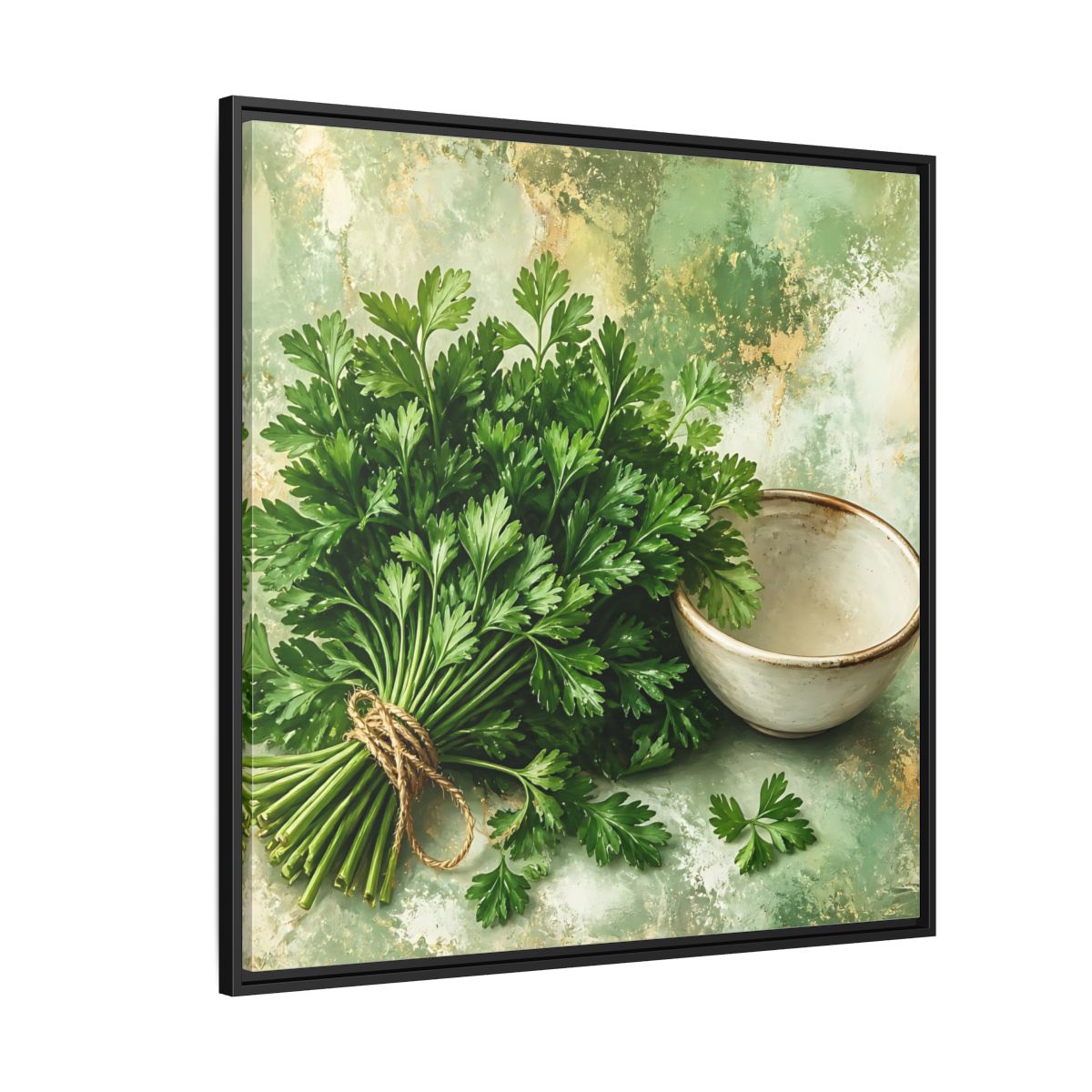 Side Mockup 6. Polished Gallery Realism Parsley Bunch Beside Ceramic Bowl shown as stretched canvas wall art
