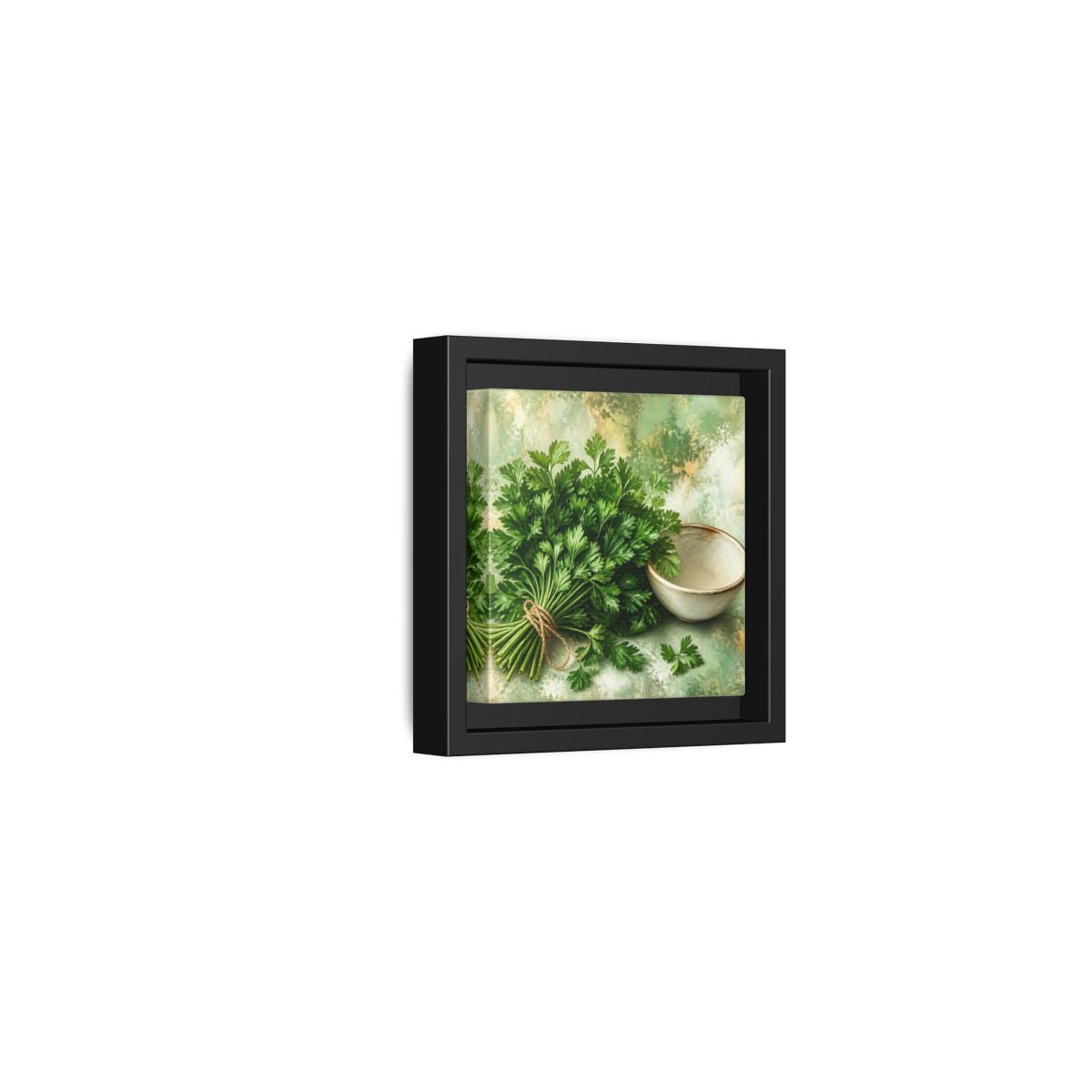 Side Mockup 24. Polished Gallery Realism Parsley Bunch Beside Ceramic Bowl shown as stretched canvas wall art