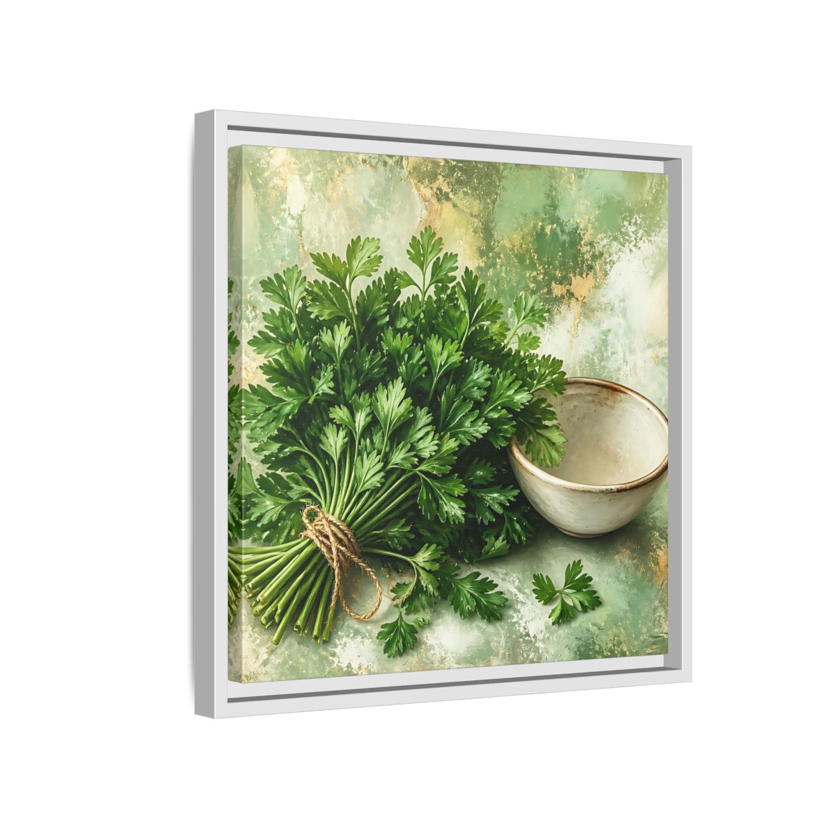 Side Mockup 13. Polished Gallery Realism Parsley Bunch Beside Ceramic Bowl shown as stretched canvas wall art