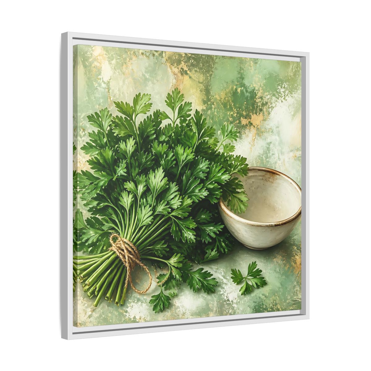 Side Mockup 26. Polished Gallery Realism Parsley Bunch Beside Ceramic Bowl shown as stretched canvas wall art