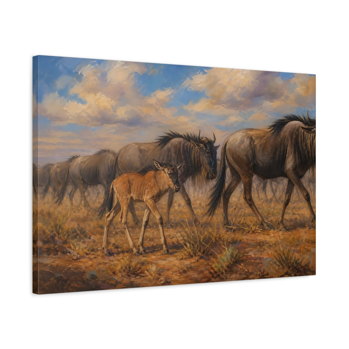 Side Mockup 2. Polished Gallery Realism Wildebeest Calf Beside Moving Herd shown as stretched canvas wall art