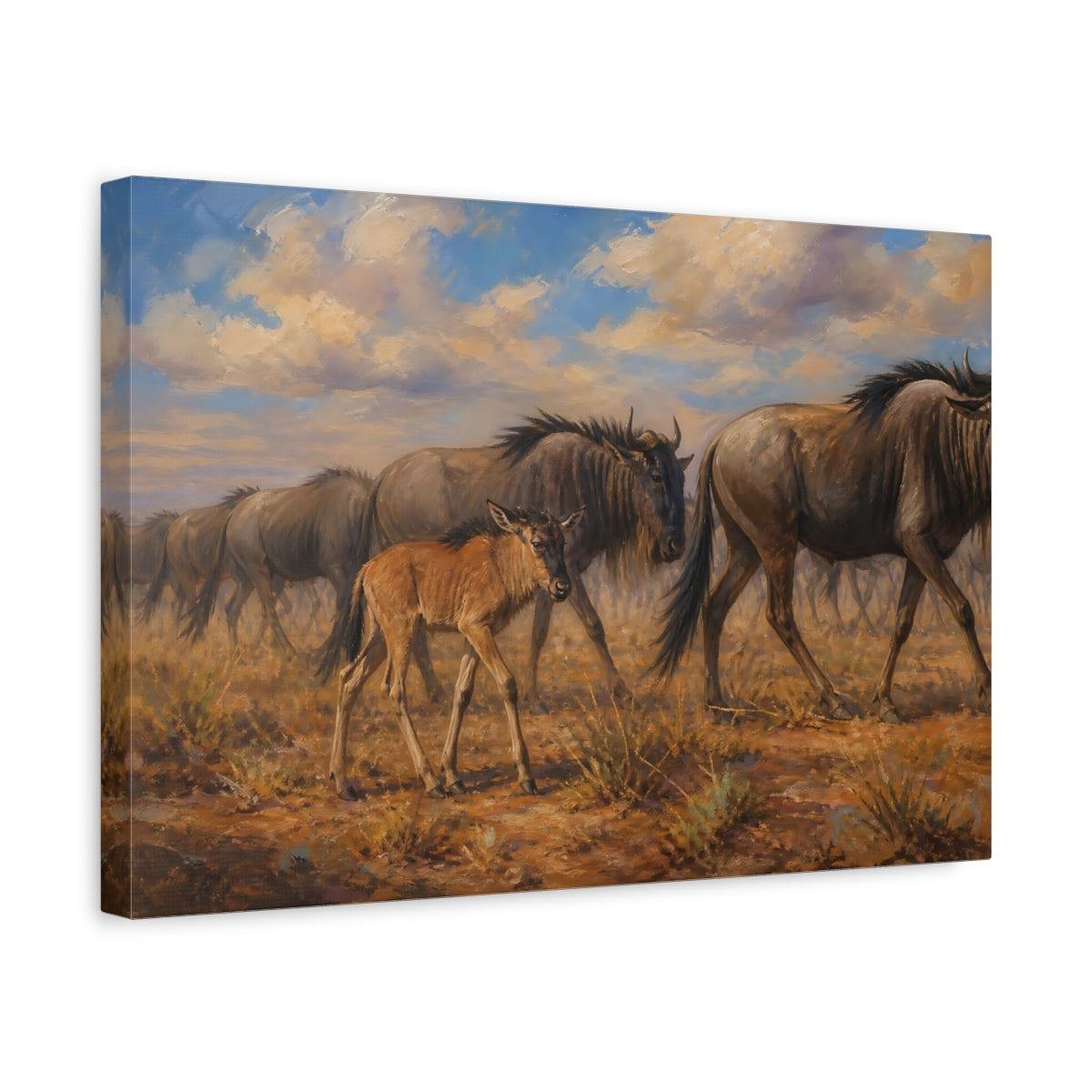 Side Mockup 4. Polished Gallery Realism Wildebeest Calf Beside Moving Herd shown as stretched canvas wall art