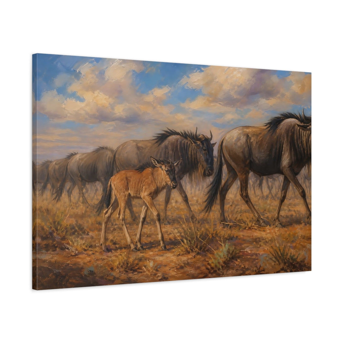 Main Mockup. Polished Gallery Realism Wildebeest Calf Beside Moving Herd shown as stretched canvas wall art