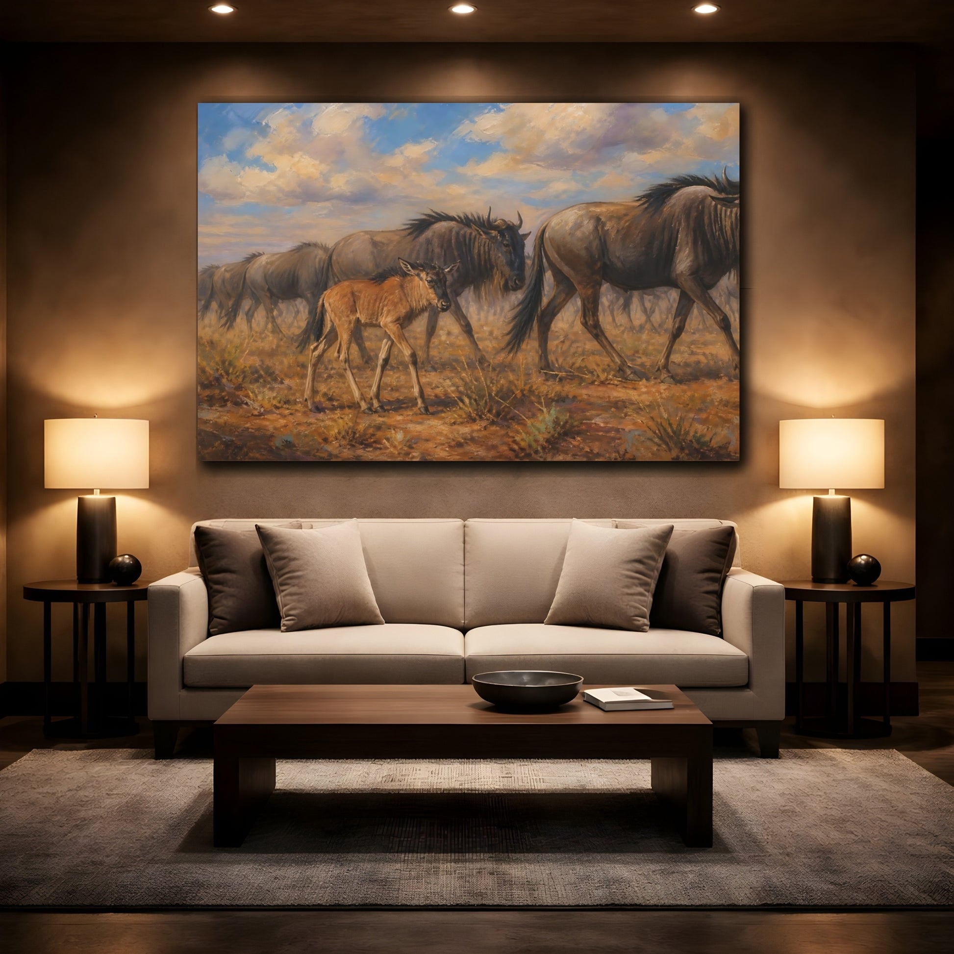 Mockup 2. Polished Gallery Realism Wildebeest Calf Beside Moving Herd shown as stretched canvas wall art