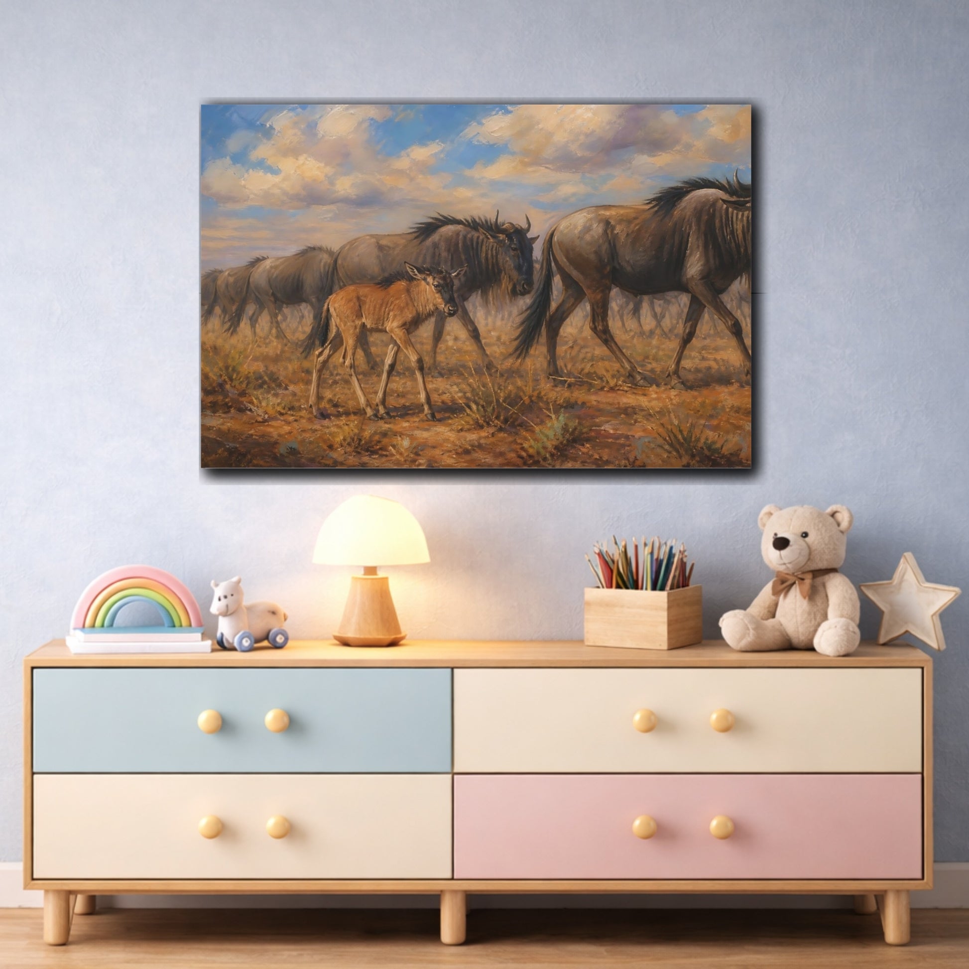 Mockup 3. Polished Gallery Realism Wildebeest Calf Beside Moving Herd shown as stretched canvas wall art