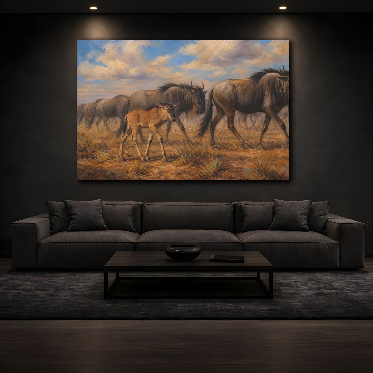 Mockup 4. Polished Gallery Realism Wildebeest Calf Beside Moving Herd shown as stretched canvas wall art