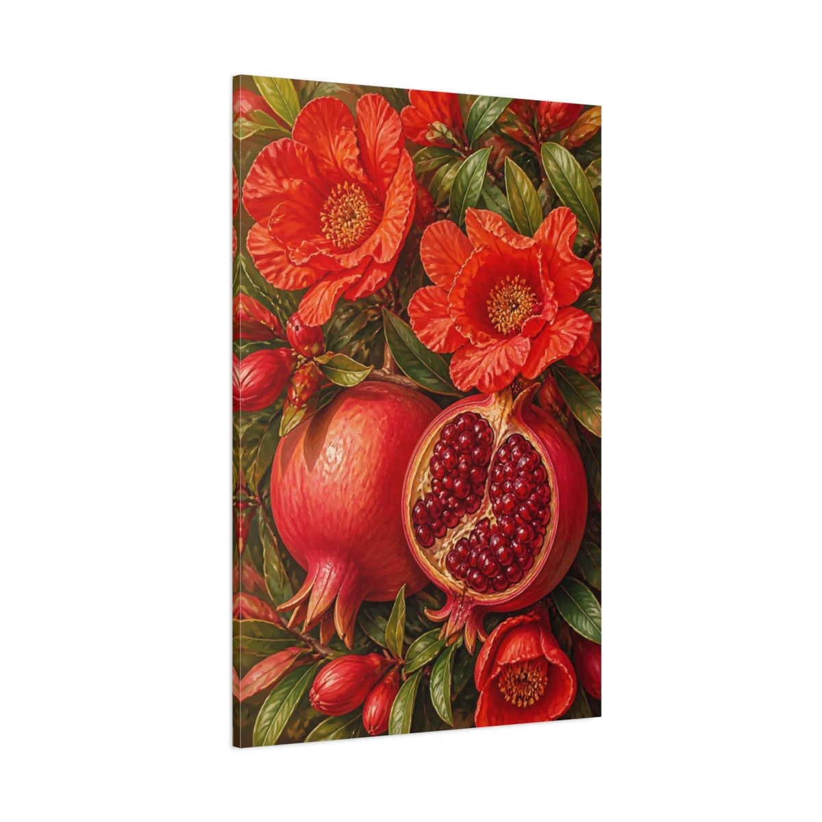 Side Mockup 1. Pomegranate Flower Still Life shown as canvas print