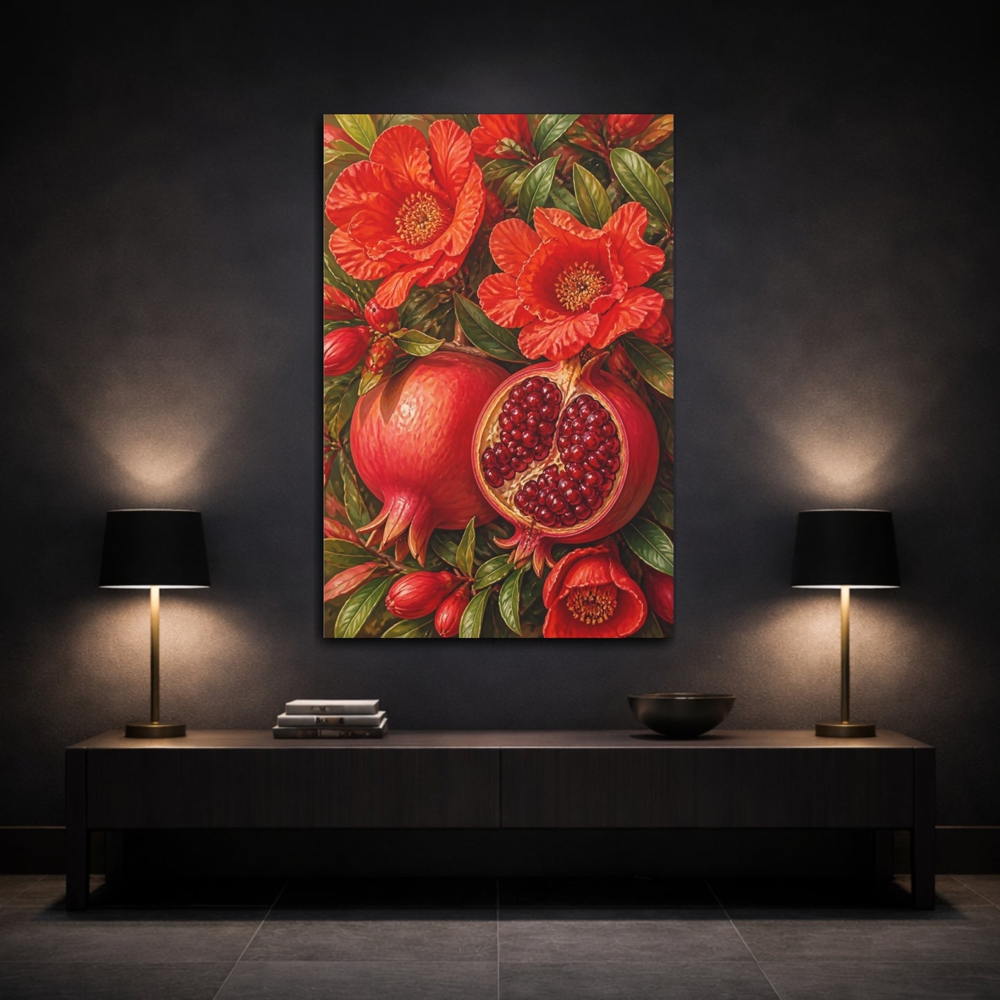 Mockup 3. Pomegranate Flower Still Life shown as canvas print