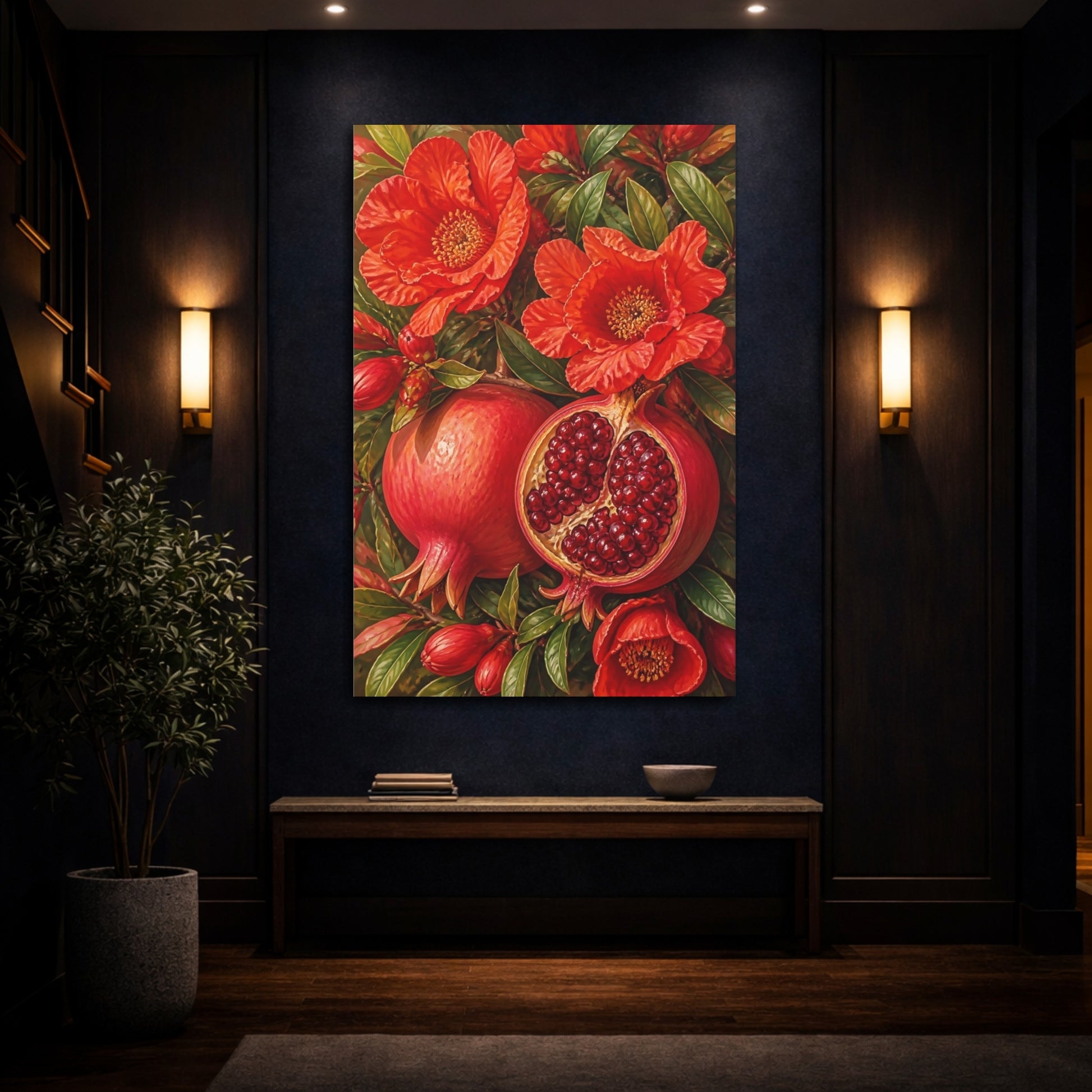 Mockup 4. Pomegranate Flower Still Life shown as canvas print
