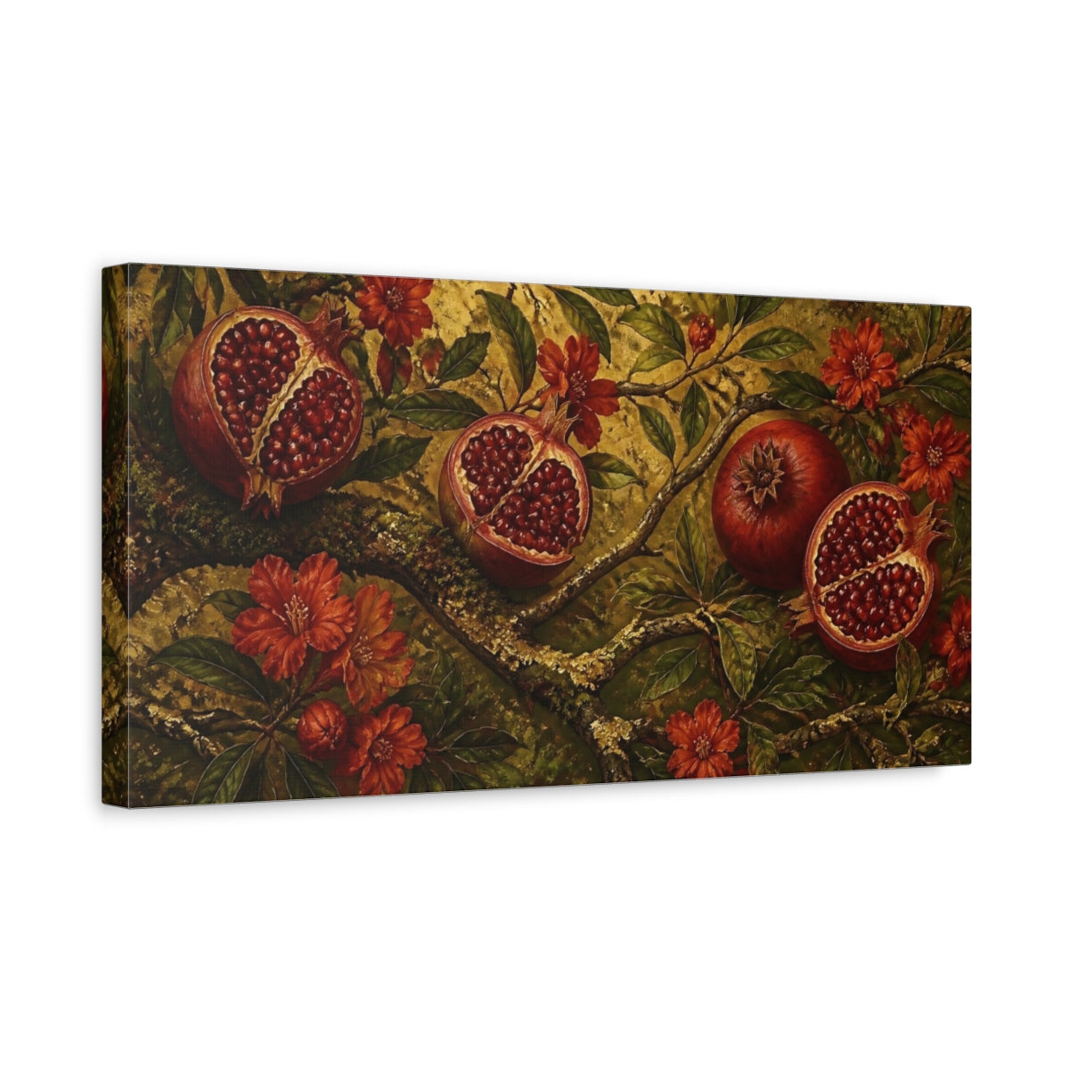 Side Mockup 3. Pomegranate On Gold shown as canvas print
