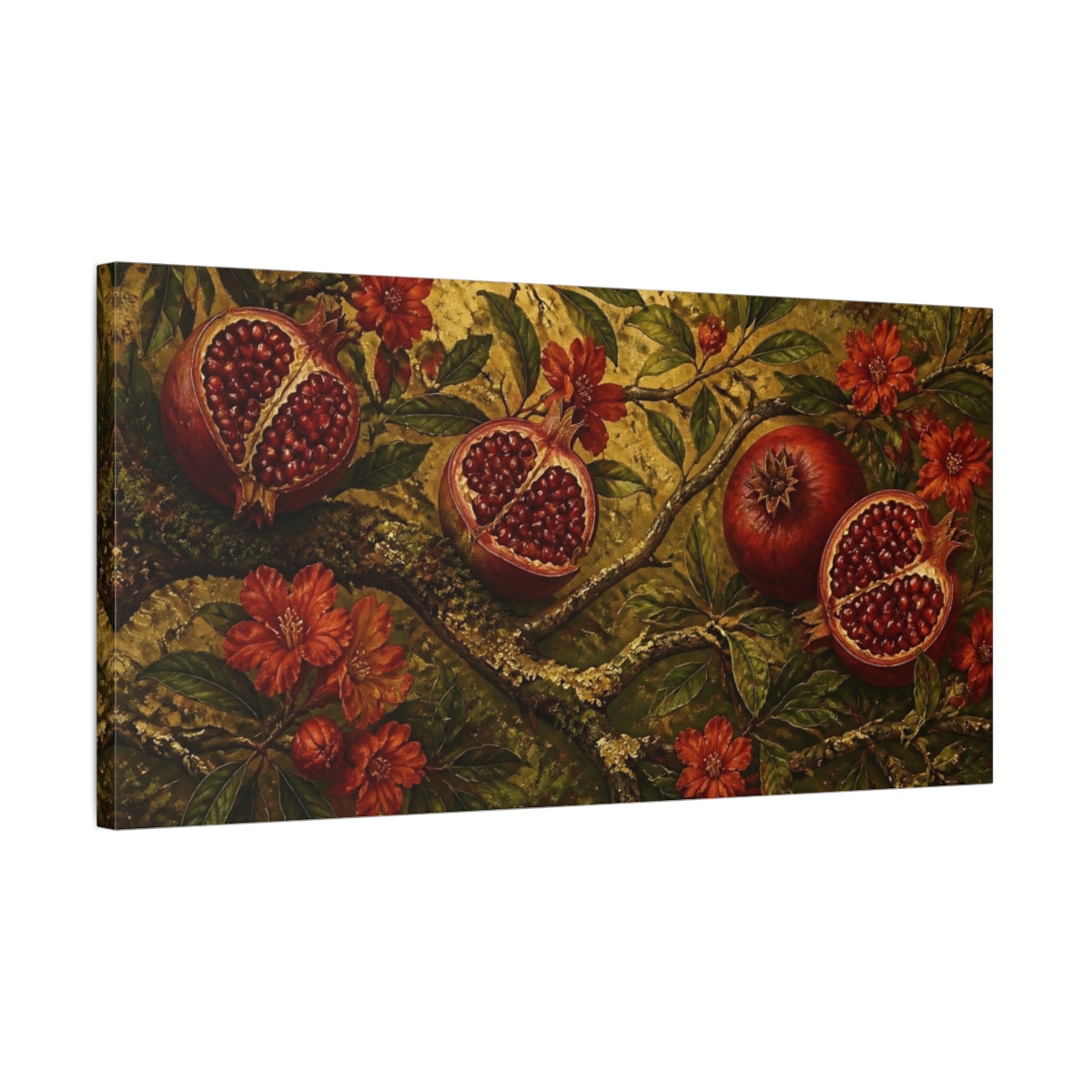 Side Mockup 1. Pomegranate On Gold shown as canvas print