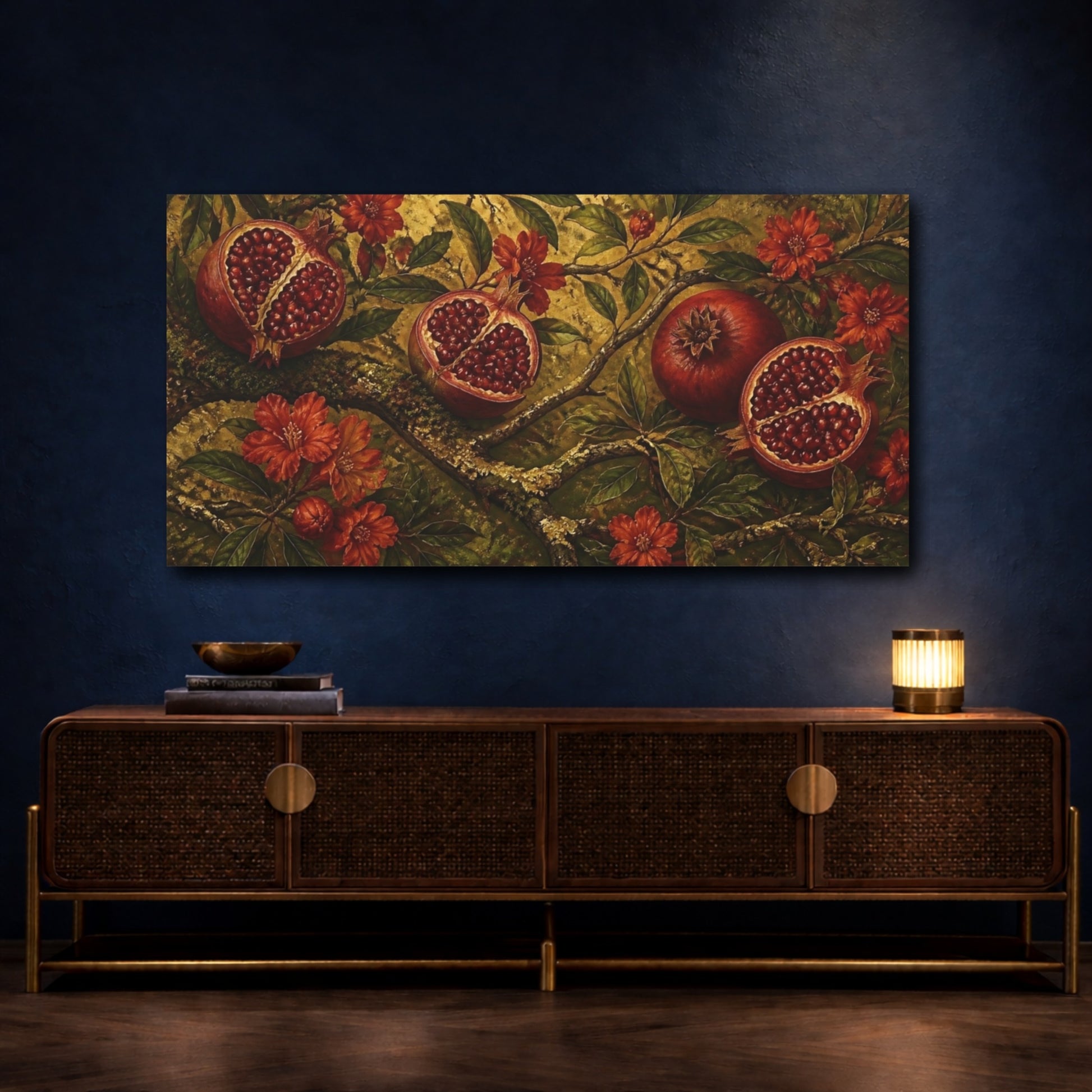Mockup 4. Pomegranate On Gold shown as canvas print