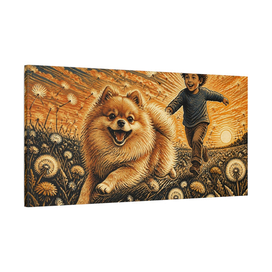 Main Mockup. Pomeranian Pets At Sunset shown as canvas print