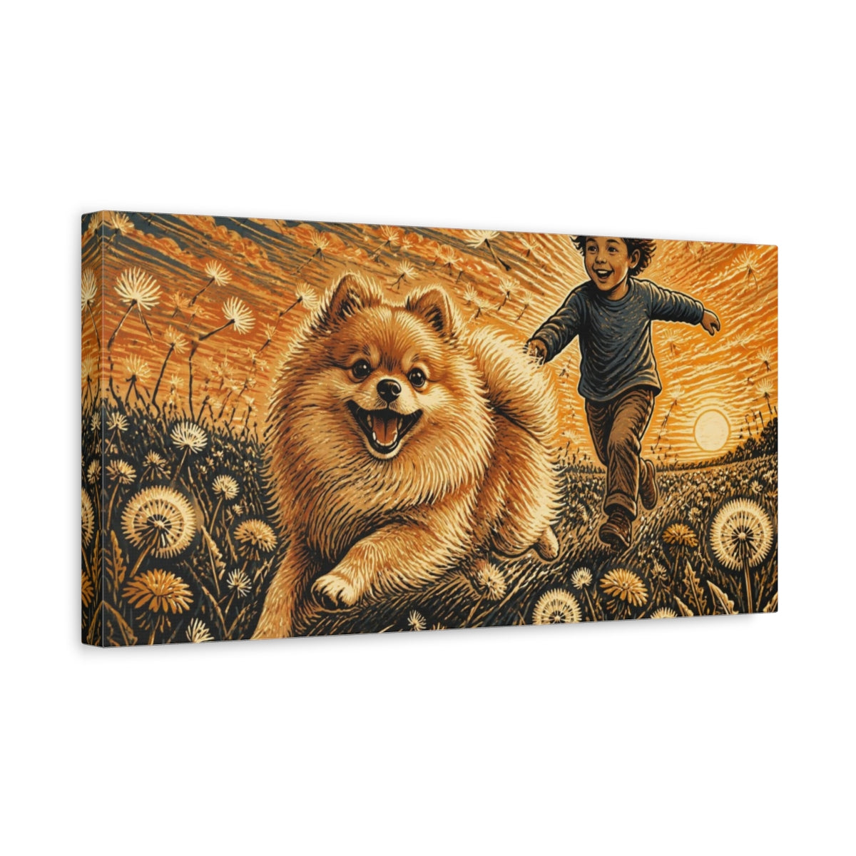 Side Mockup 3. Pomeranian Pets At Sunset shown as canvas print