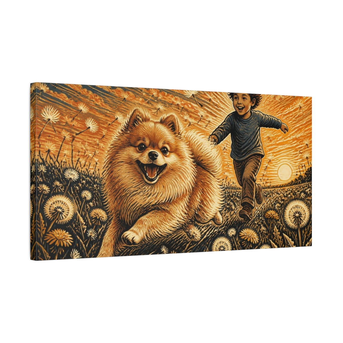 Side Mockup 1. Pomeranian Pets At Sunset shown as canvas print