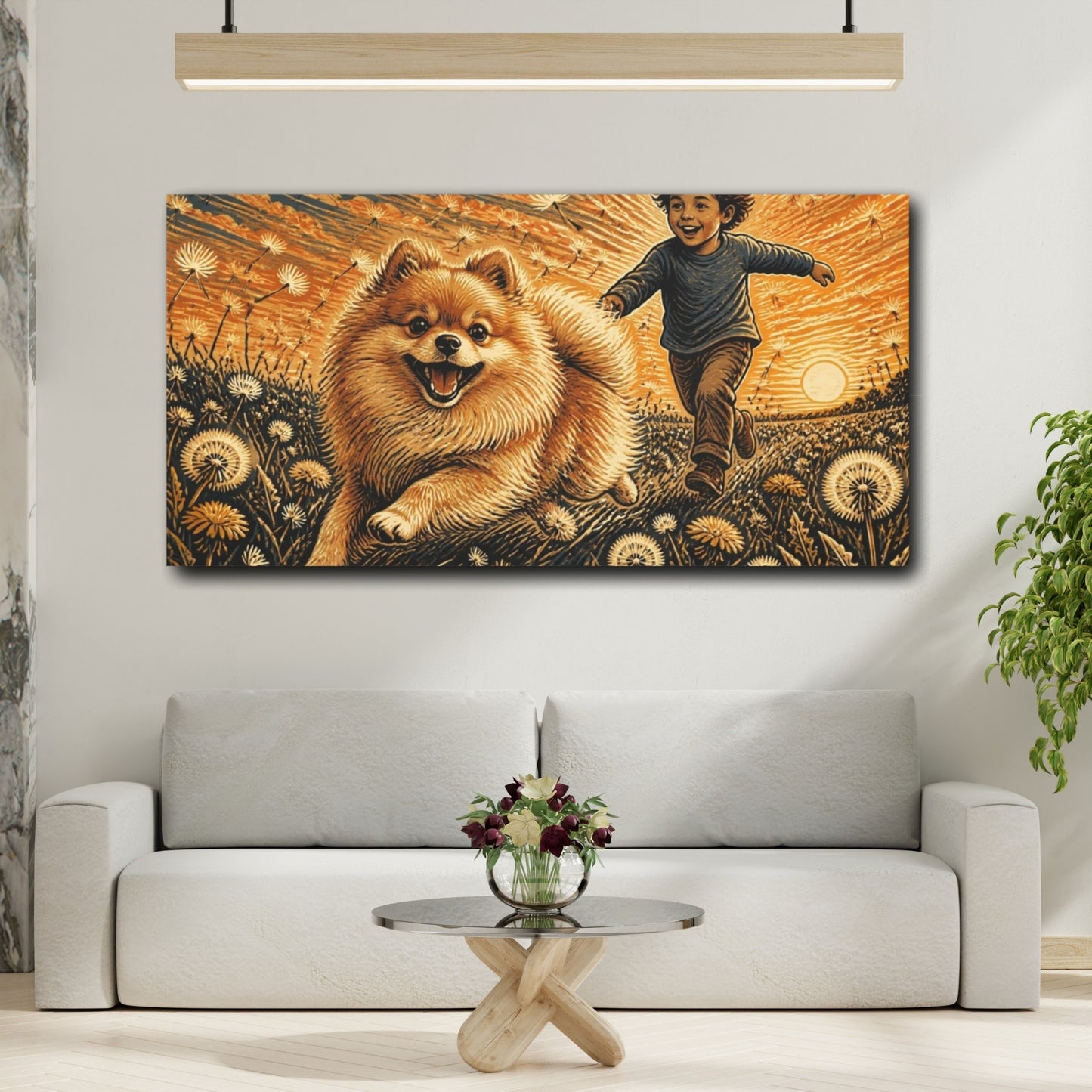 Mockup 2. Pomeranian Pets At Sunset shown as canvas print