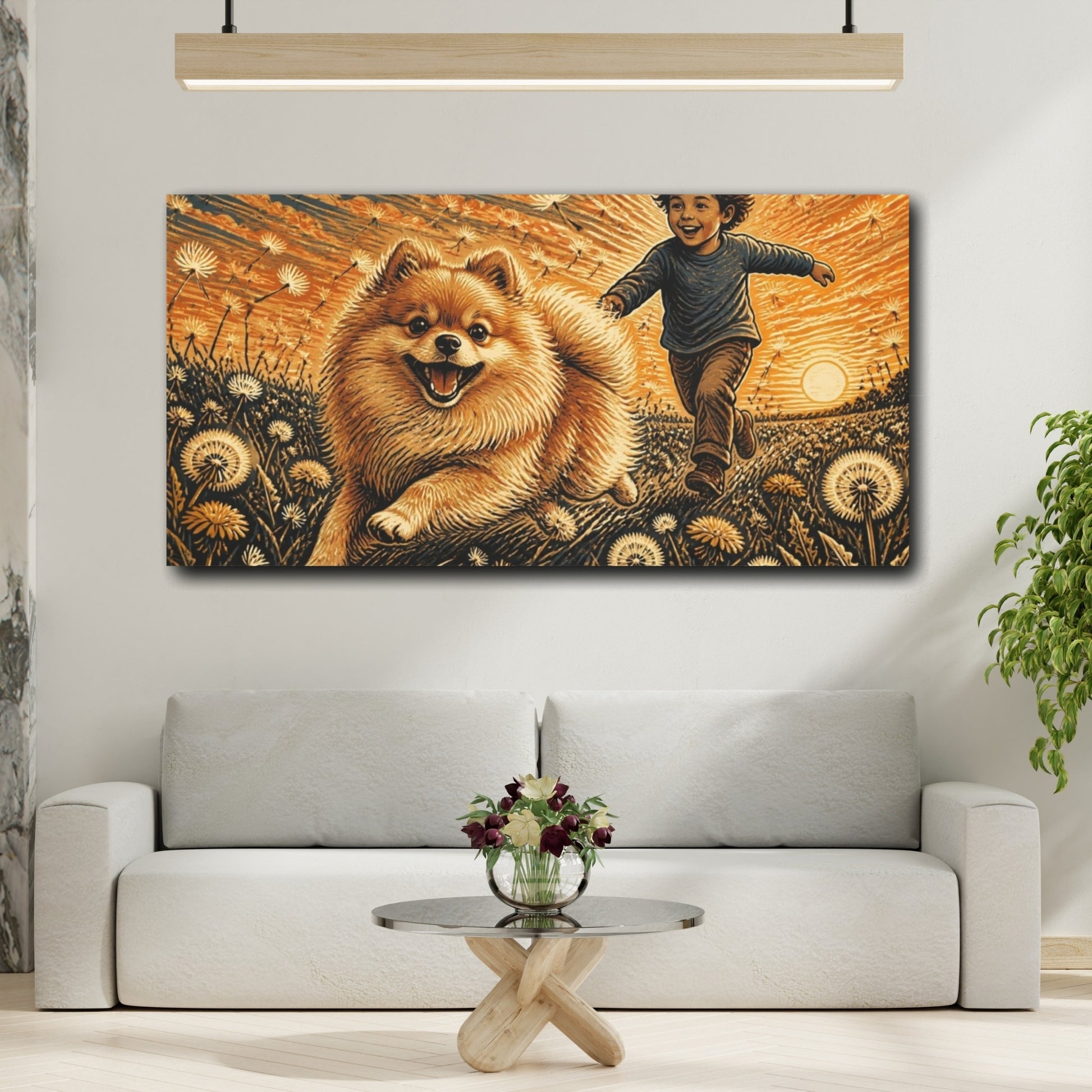 Mockup 2. Pomeranian Pets At Sunset shown as canvas print