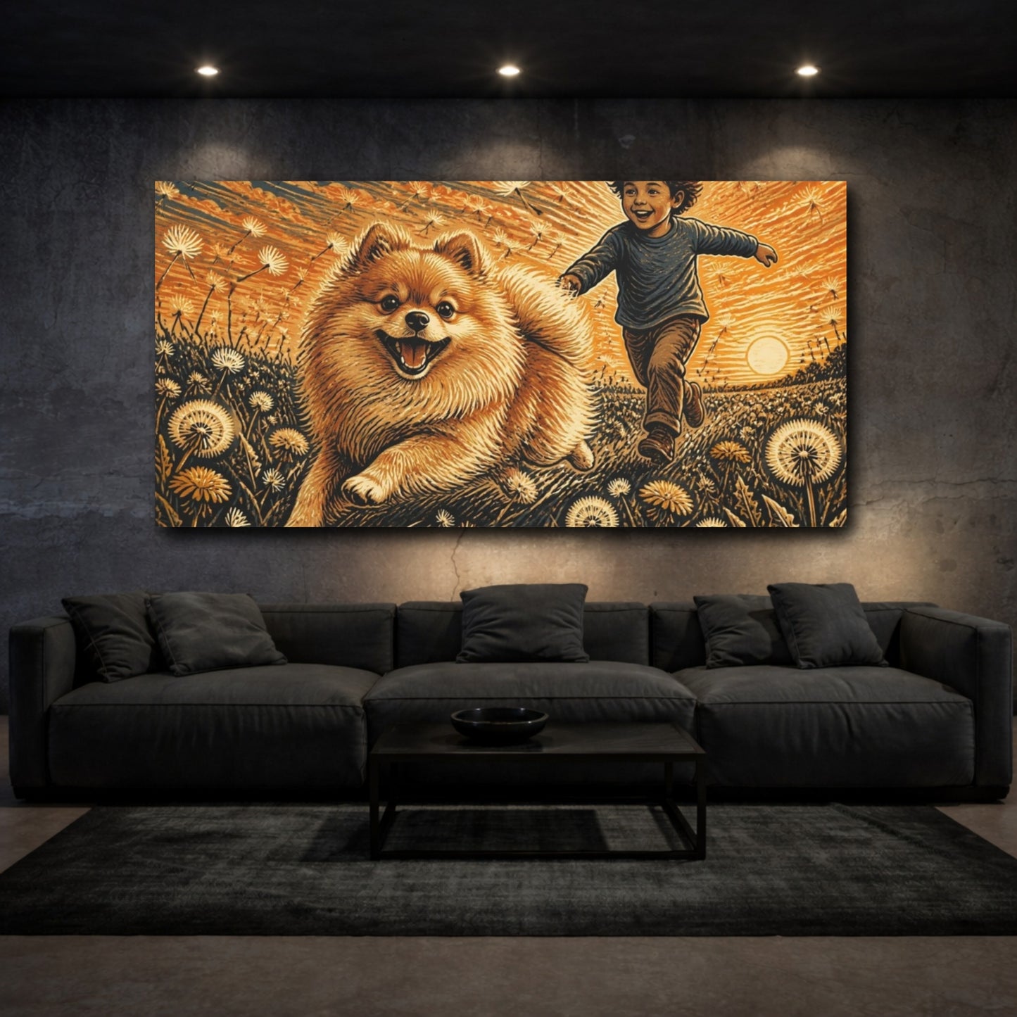Mockup 3. Pomeranian Pets At Sunset shown as canvas print