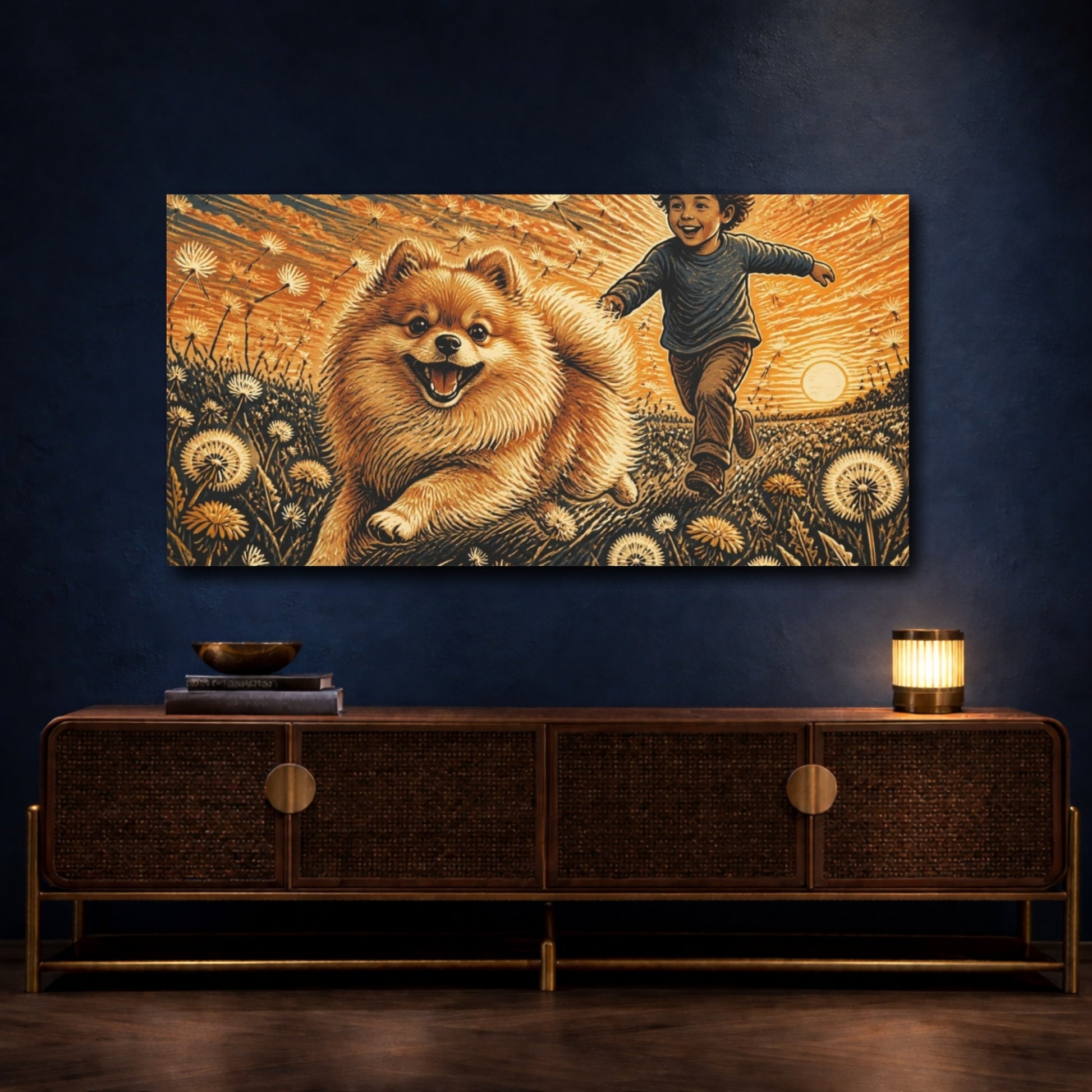 Mockup 4. Pomeranian Pets At Sunset shown as canvas print